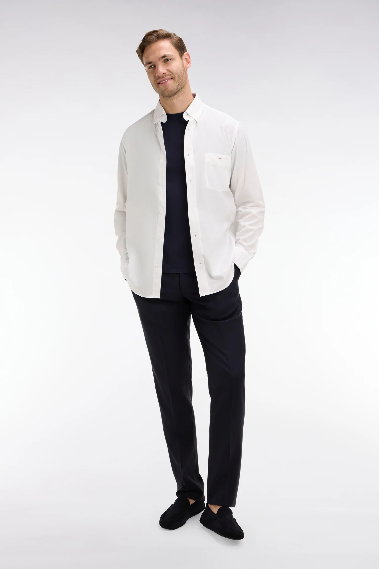 Pantalon slim bleu foncé en laine à plis cassés