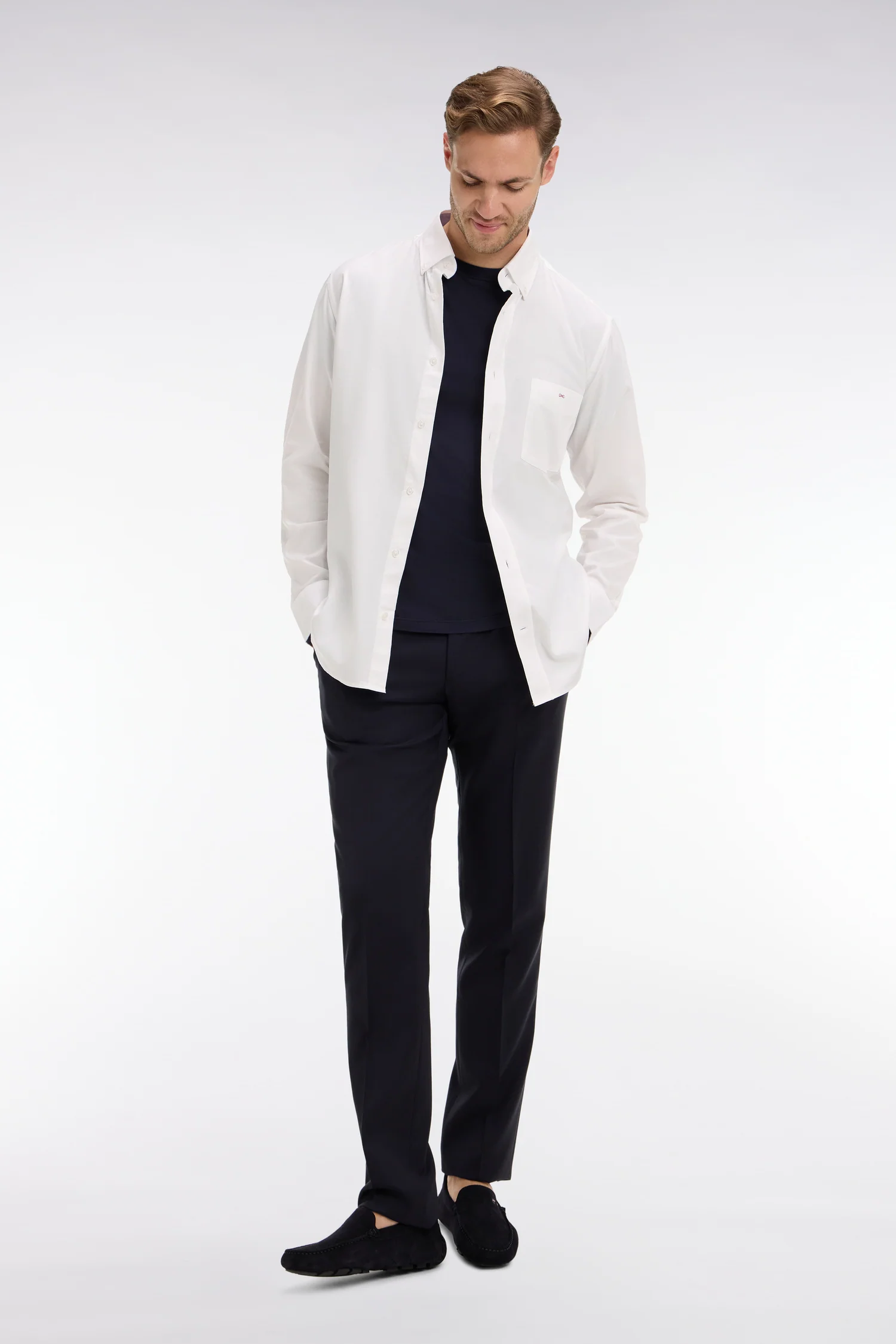 Pantalon slim bleu foncé en laine à plis cassés - Image 3
