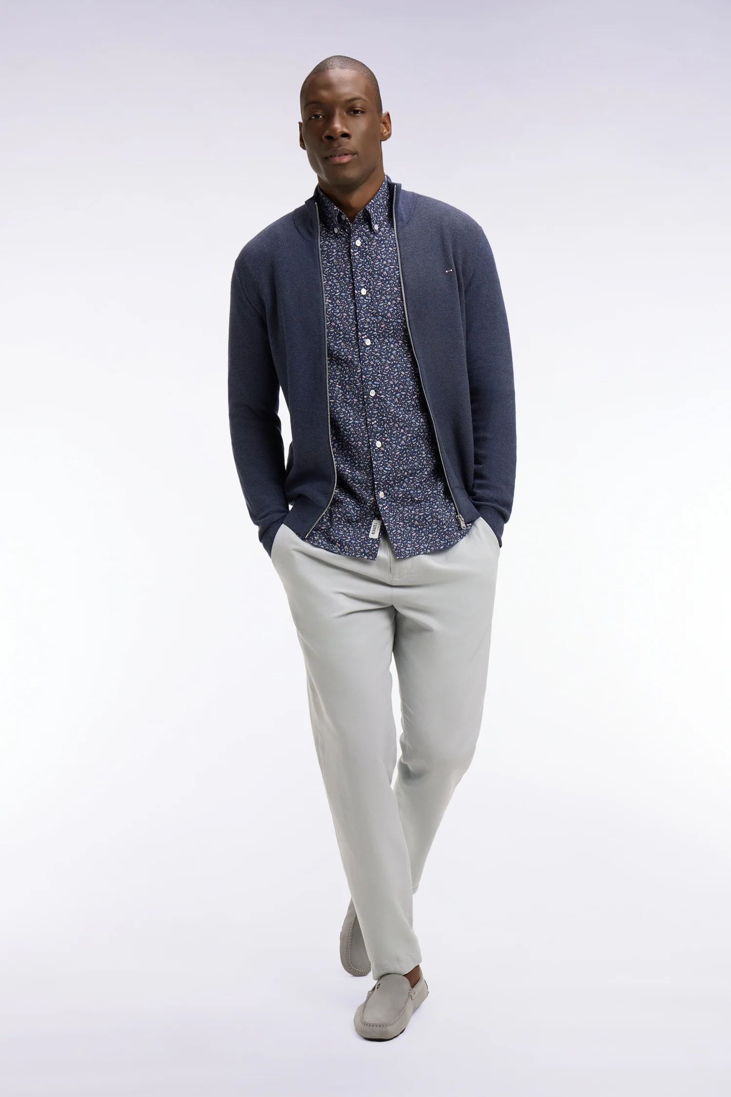 Cardigan zippé en coton bleu foncé