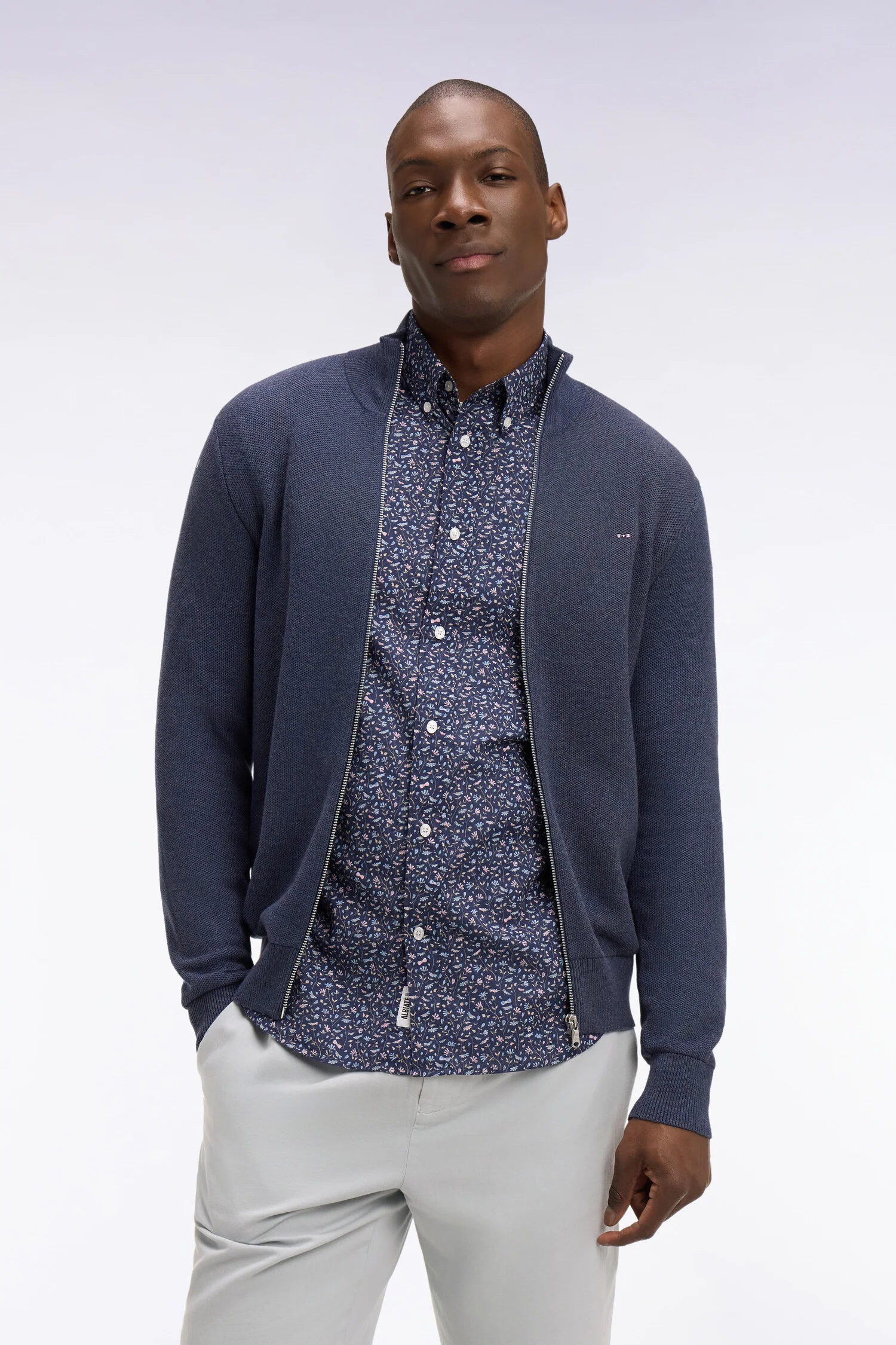 Cardigan zippé en coton bleu foncé - Image 3