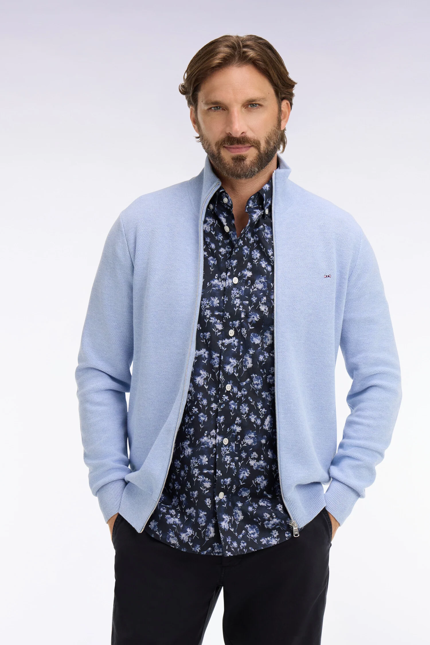 Cardigan zippé en coton ciel - Image 3