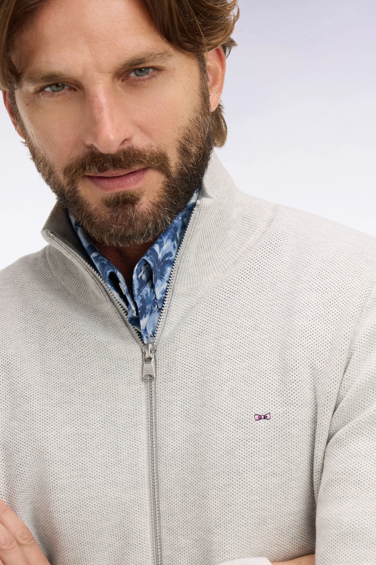 Cardigan zippé en coton gris clair - Image 4