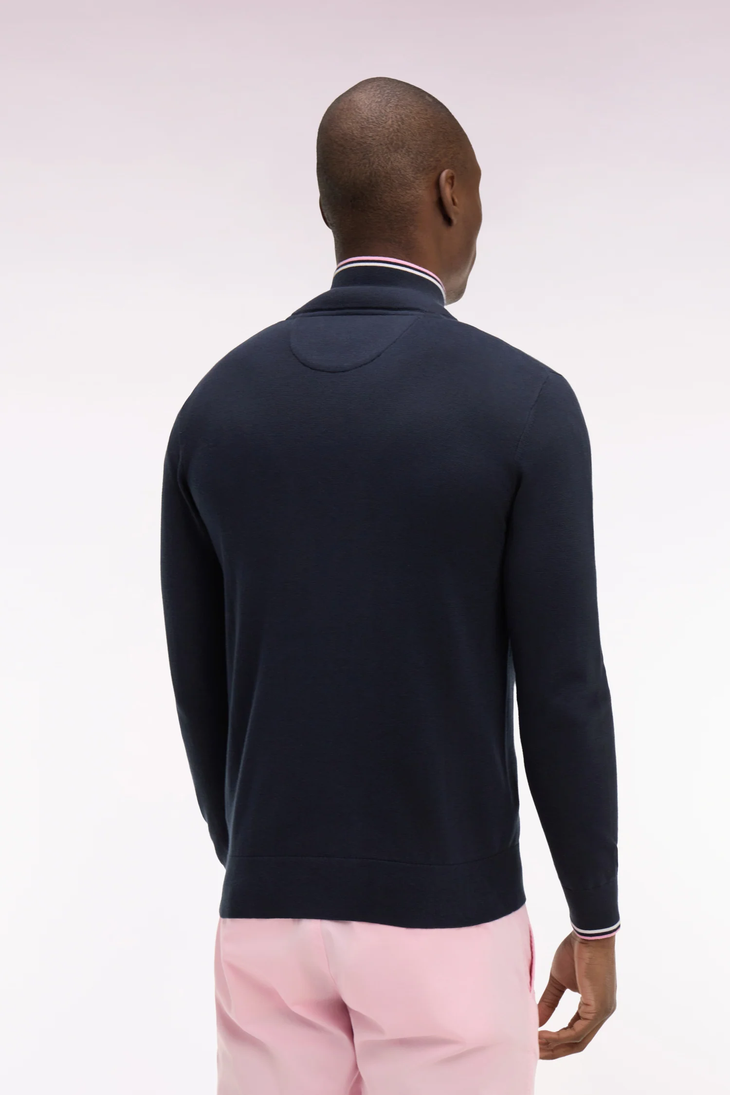 Cardigan zippé en coton marine à bords-côtes rayés - Image 5