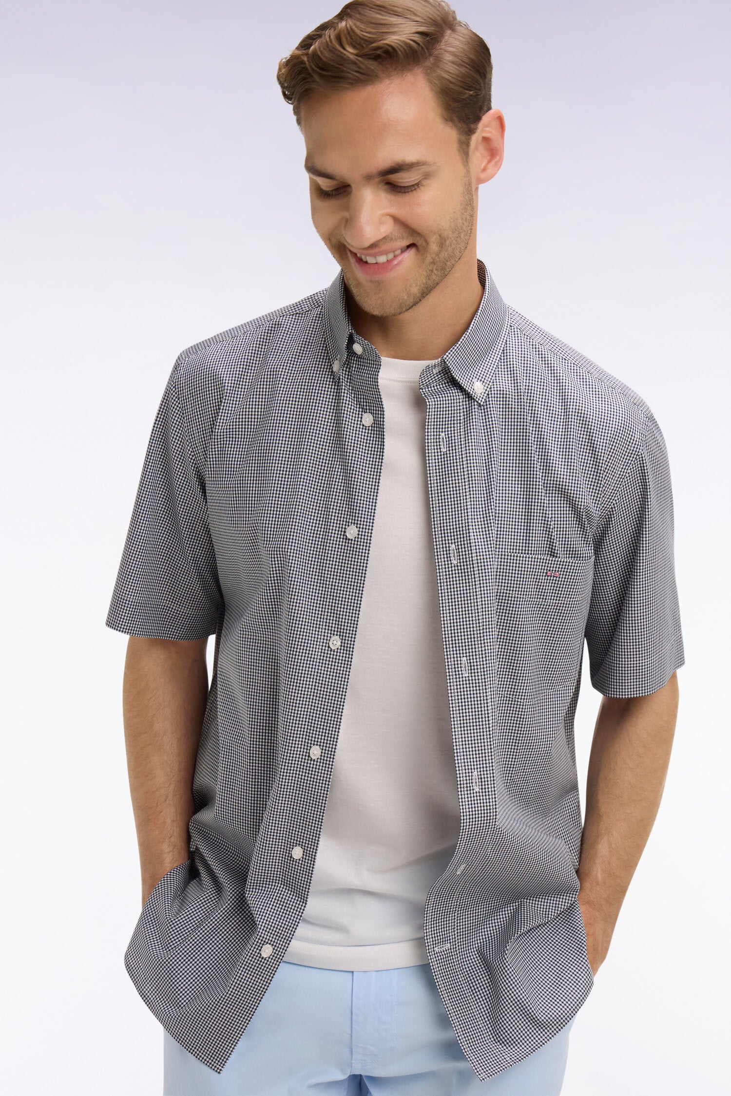 Chemise à manches courtes en coton à carreaux Vichy marine