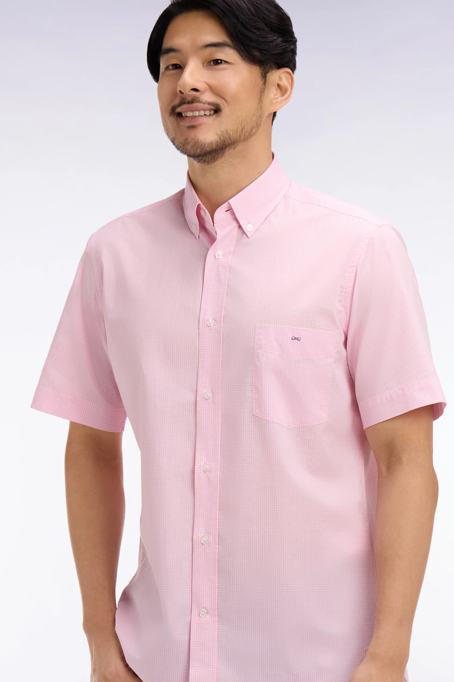 Chemise à manches courtes en coton à carreaux Vichy rose