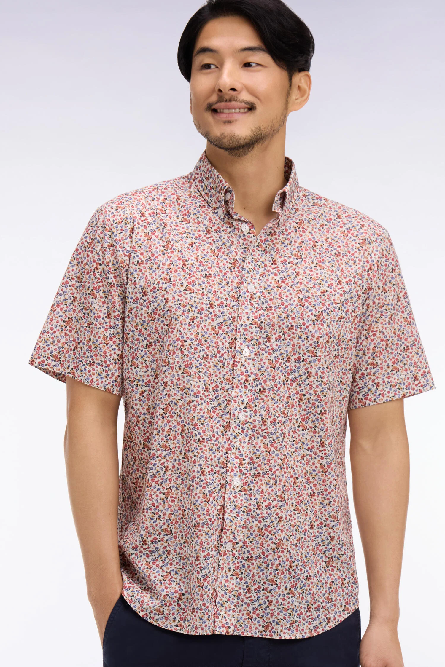 Chemise à manches courtes en coton à micromotif floral multicolore