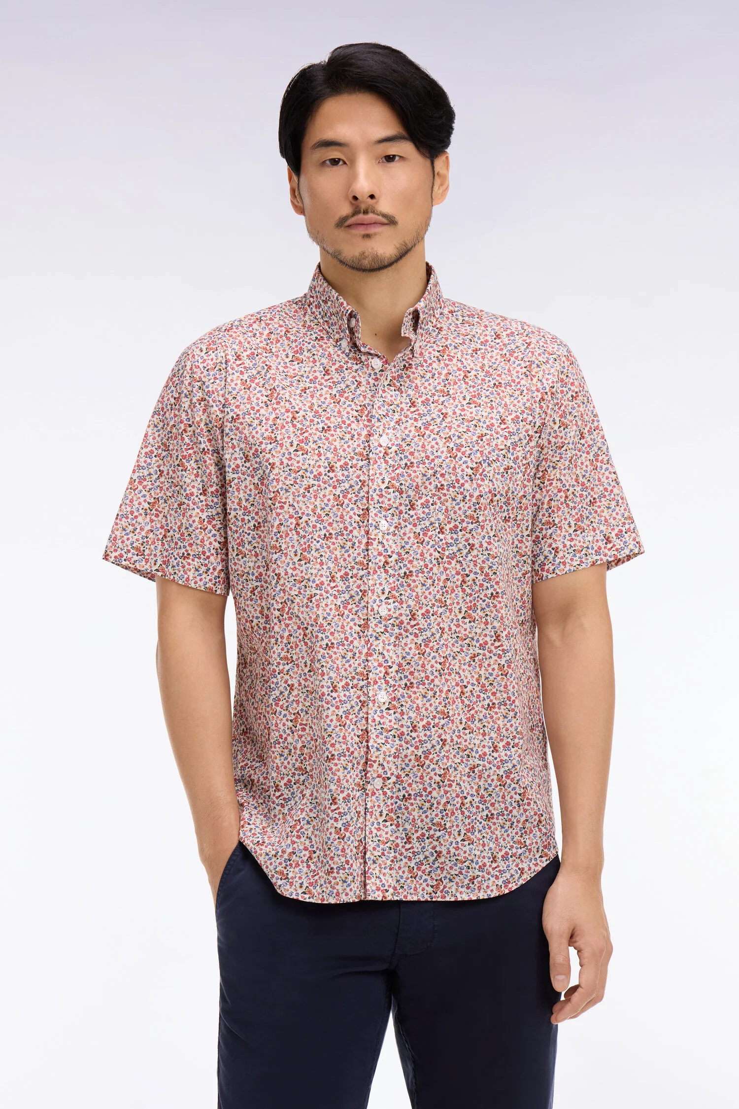 Chemise à manches courtes en coton à micromotif floral multicolore - Image 3