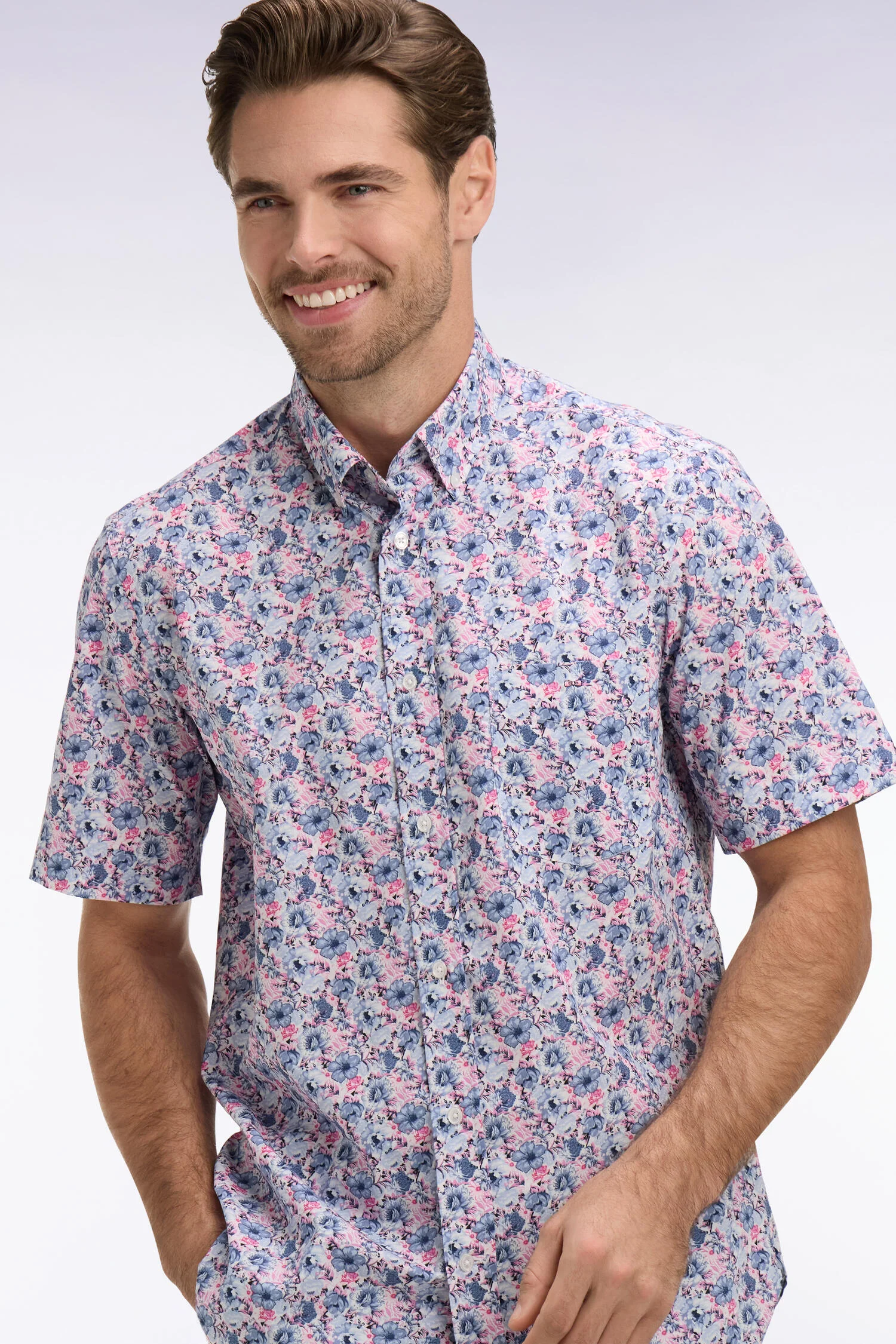 Chemise à manches courtes en coton à motif floral rose et bleu
