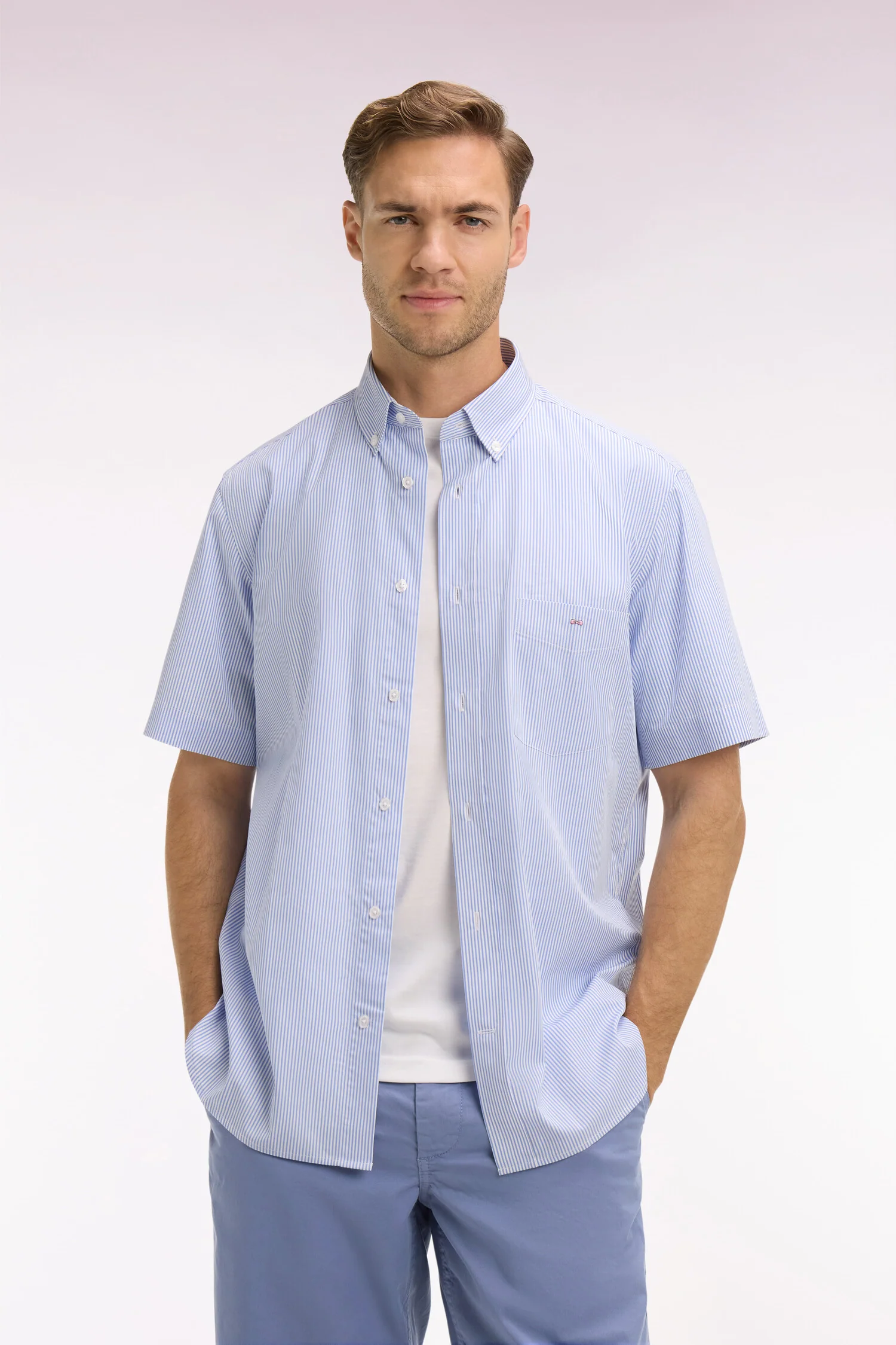 Chemise à manches courtes en coton à rayures bâtons bleu ciel - Image 3