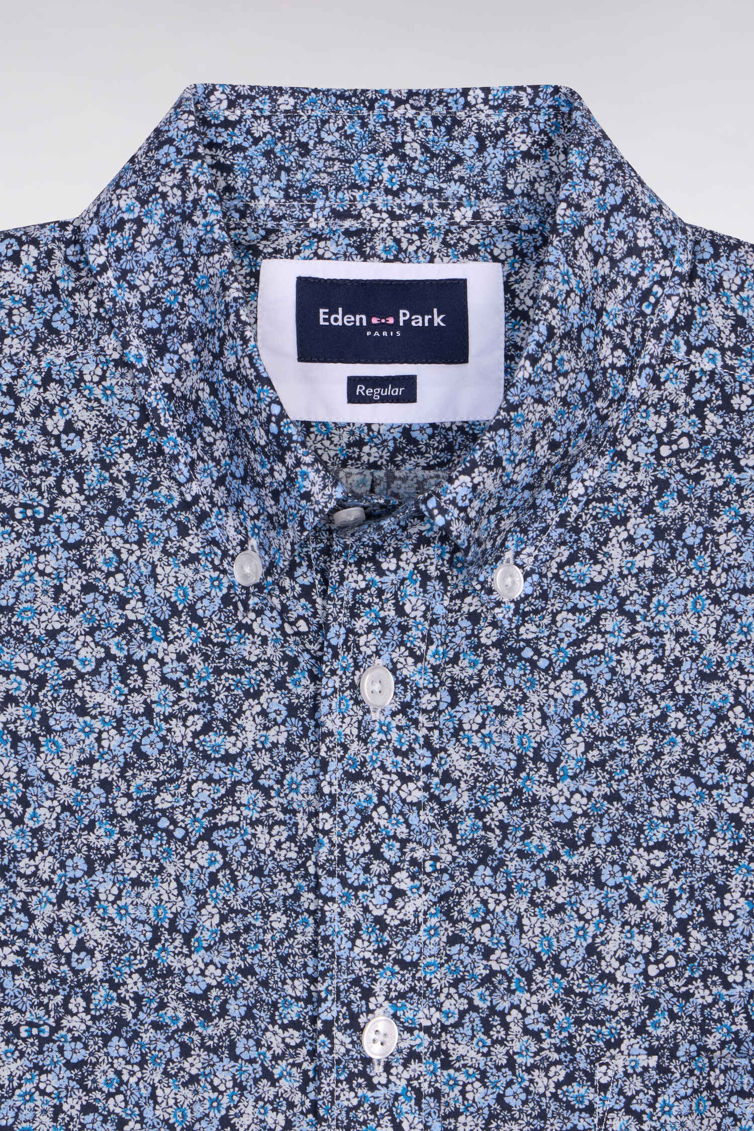 Chemise à manches courtes en coton bleu à micromotif floral - Image 6