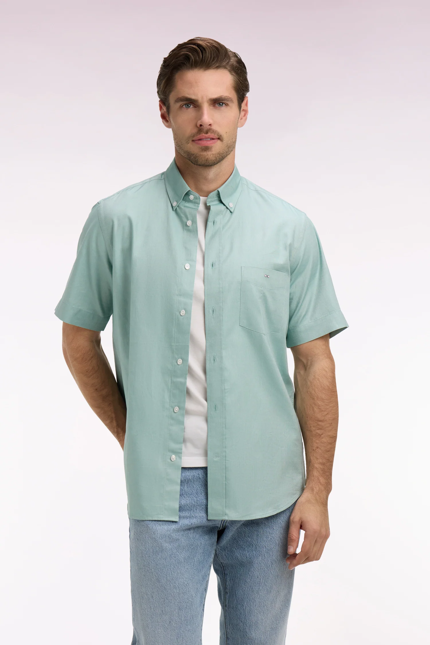 Chemise à manches courtes en coton fil teint vert d'eau - Image 3