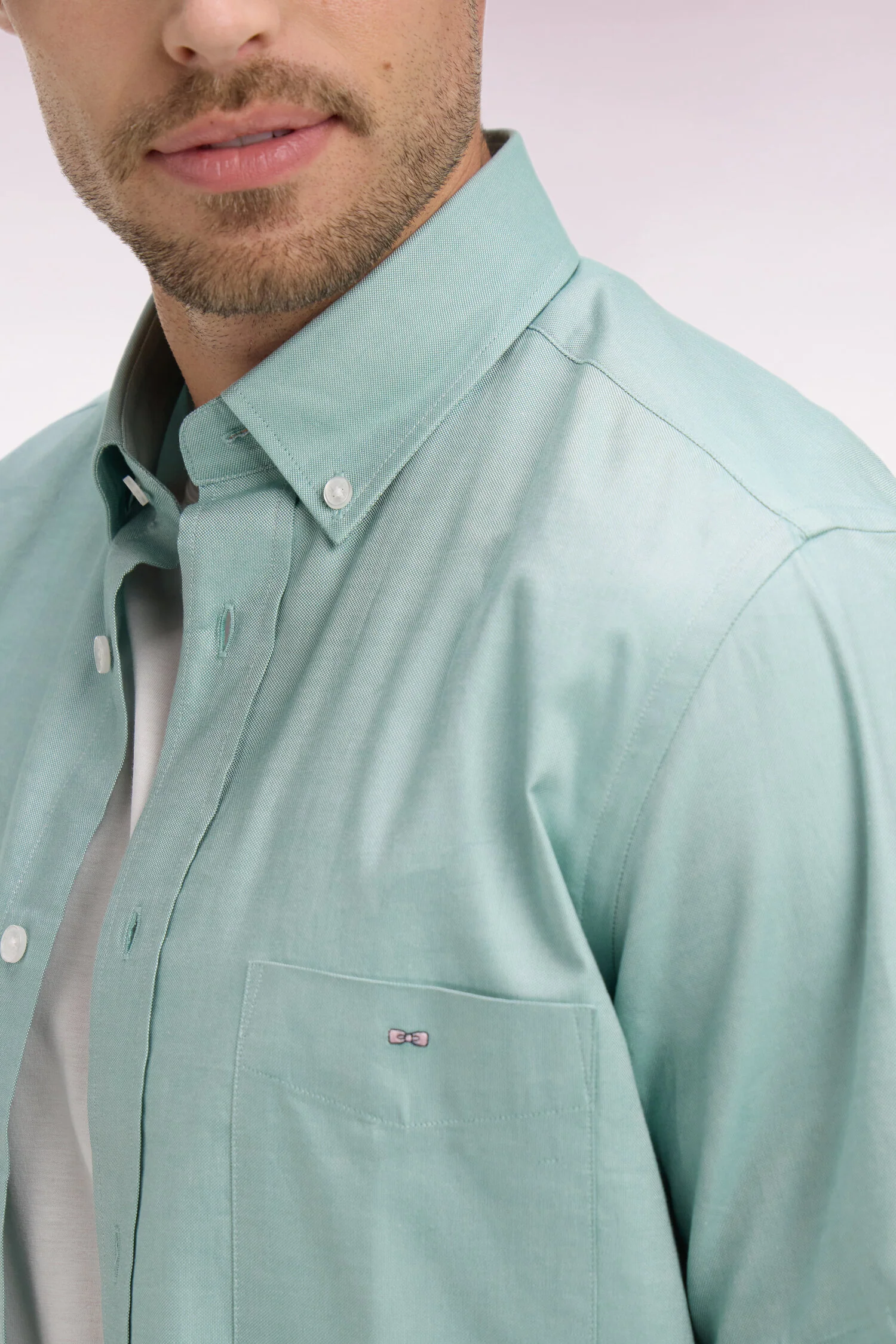 Chemise à manches courtes en coton fil teint vert d'eau - Image 4