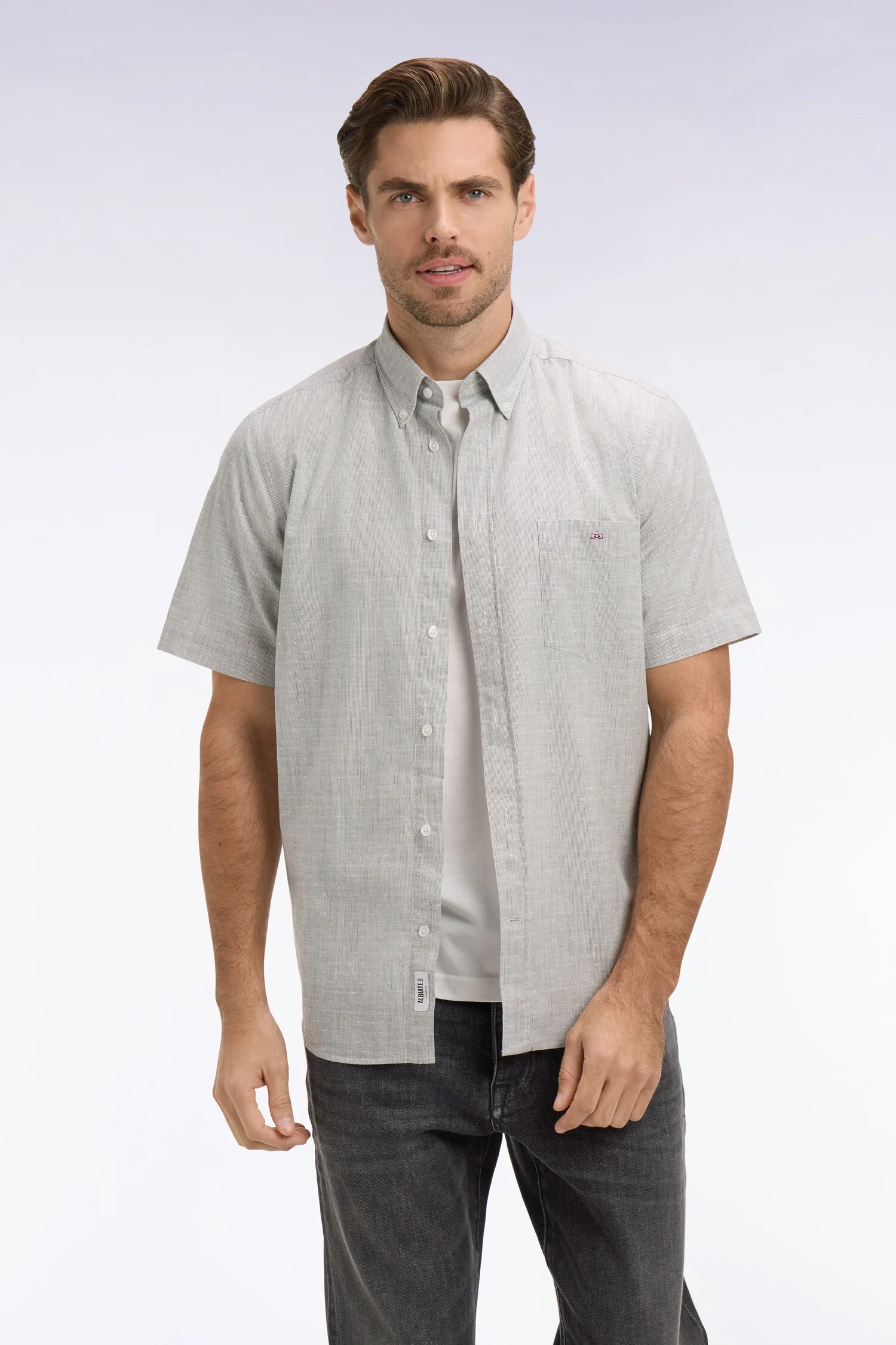 Chemise à manches courtes en coton jacquard rayé kaki - Image 3