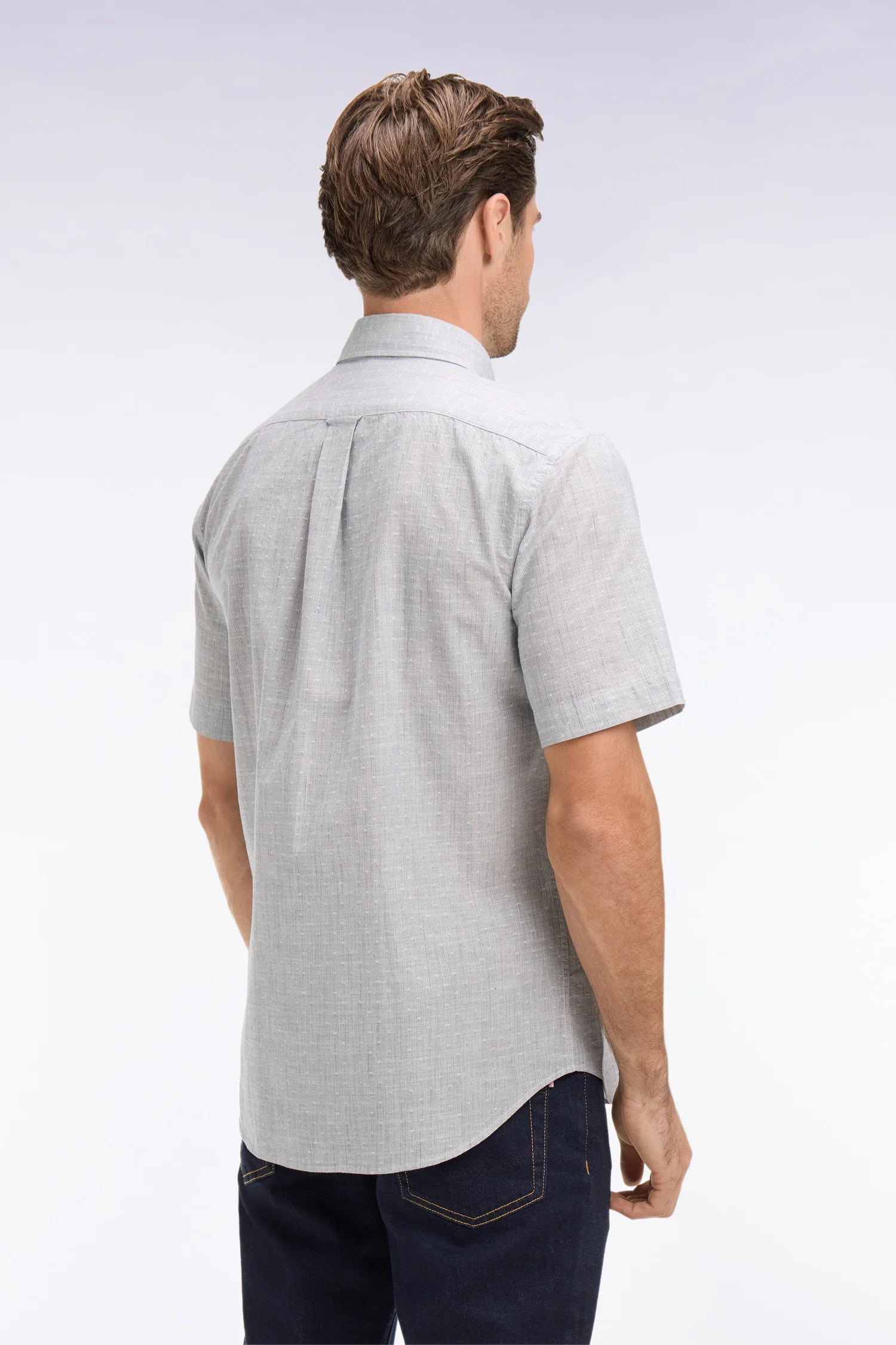 Chemise à manches courtes en coton jacquard rayé marine - Image 5