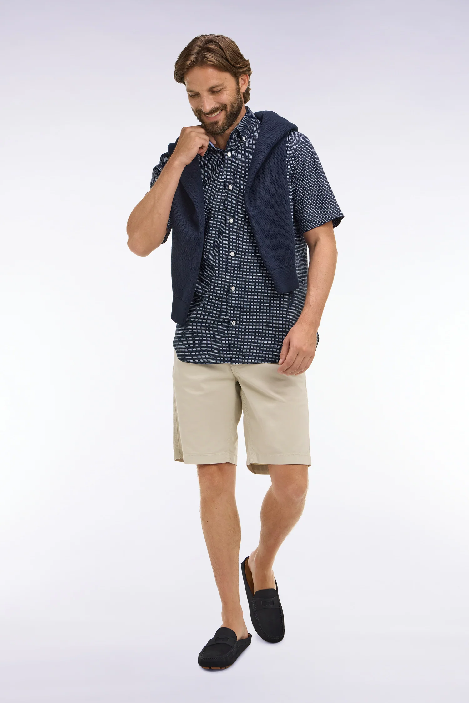 Chemise à manches courtes en coton marine à micromotifs bleu ciel