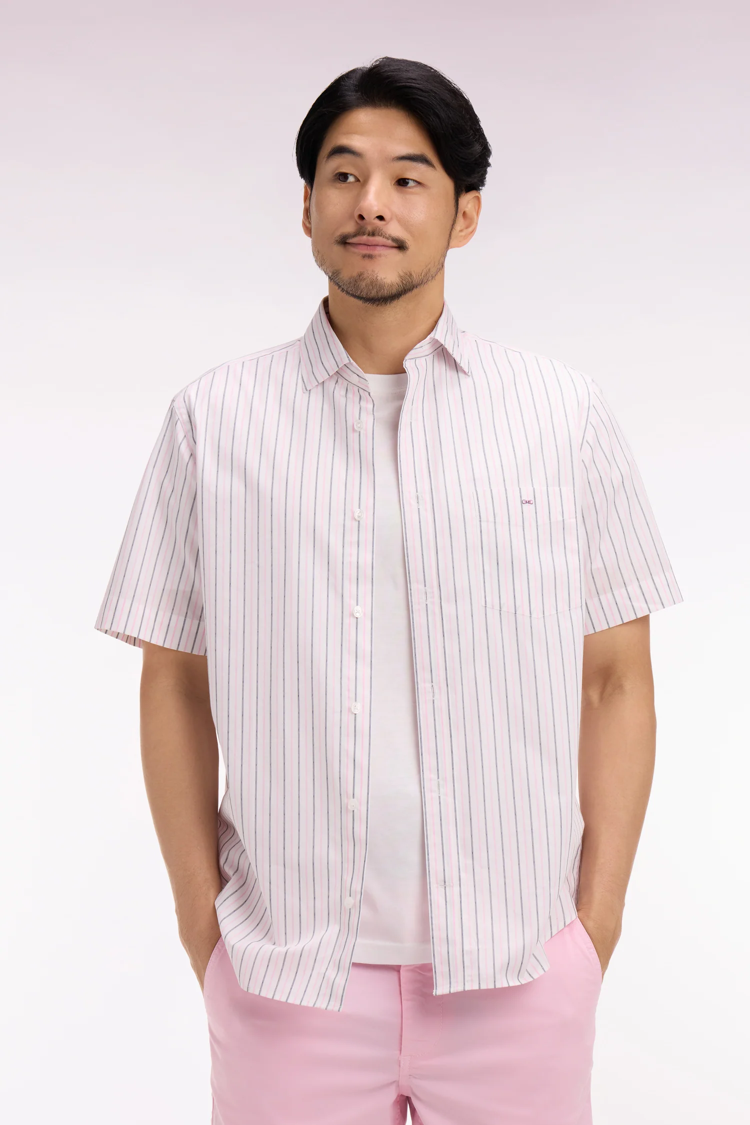 Chemise à manches courtes en dobby de coton rayé rose - Image 3