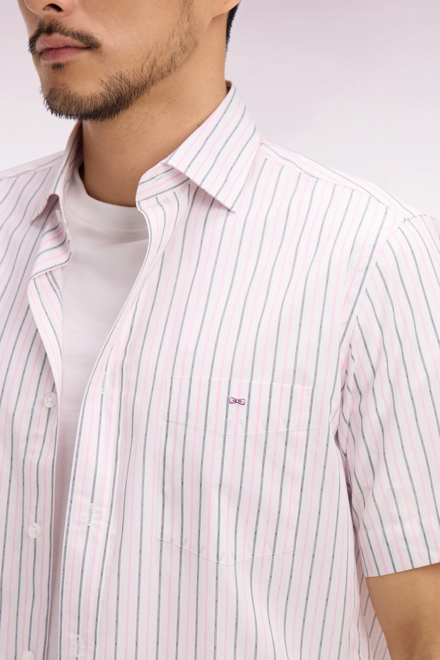 Chemise à manches courtes en dobby de coton rayé rose - Image 4