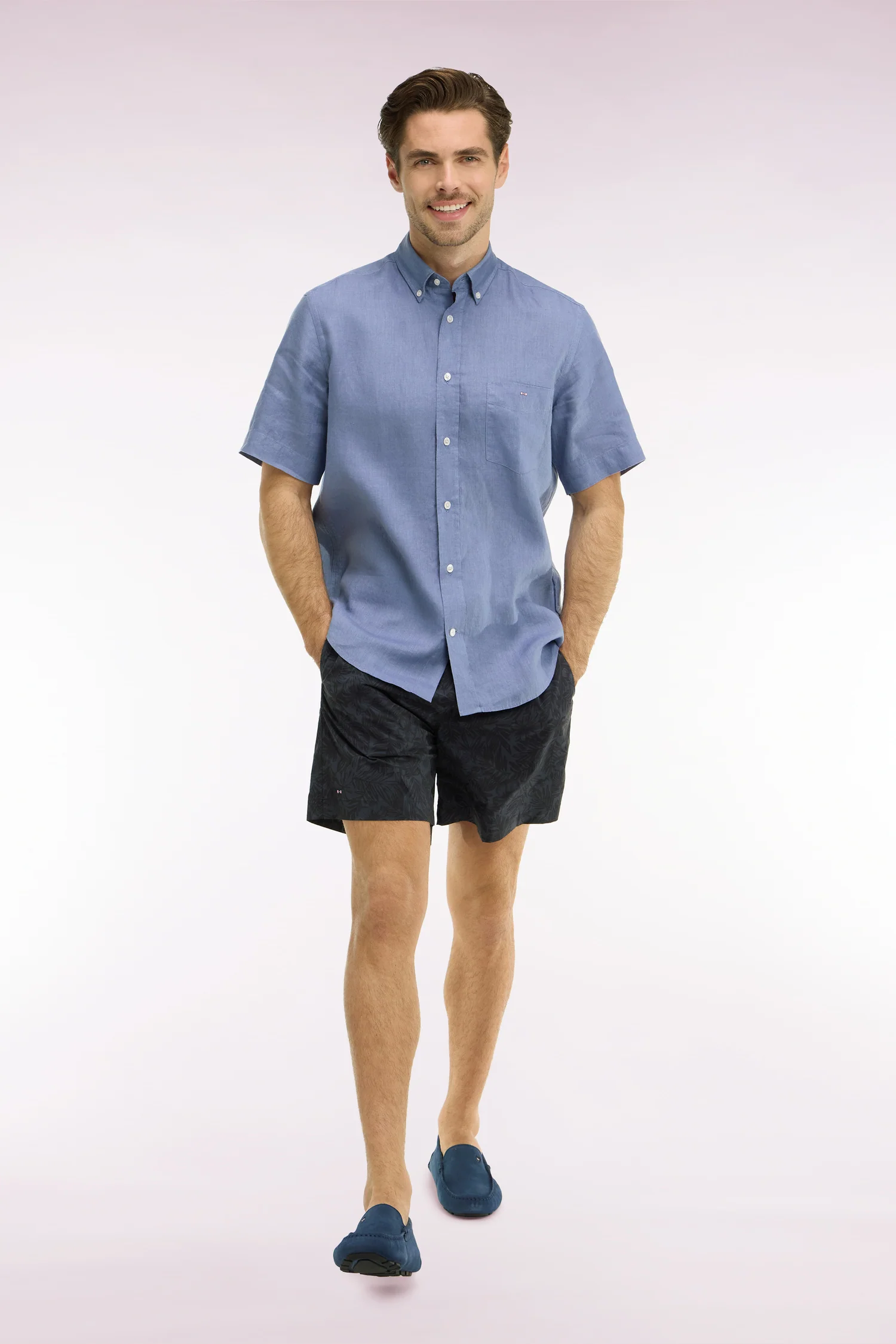 Chemise à manches courtes en lin bleu