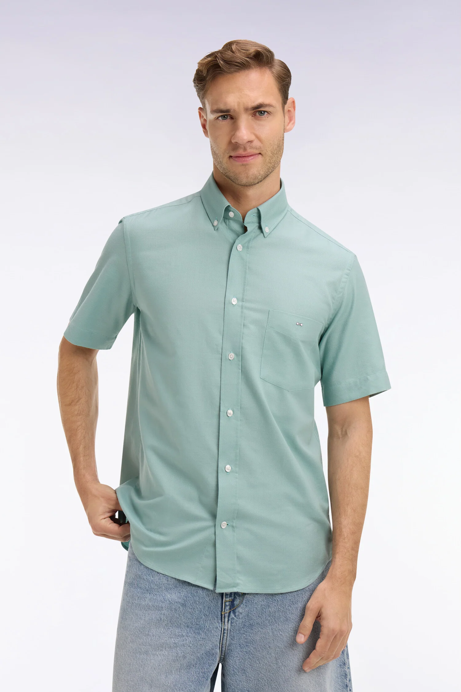 Chemise à manches courtes en piqué coton vert d'eau - Image 3