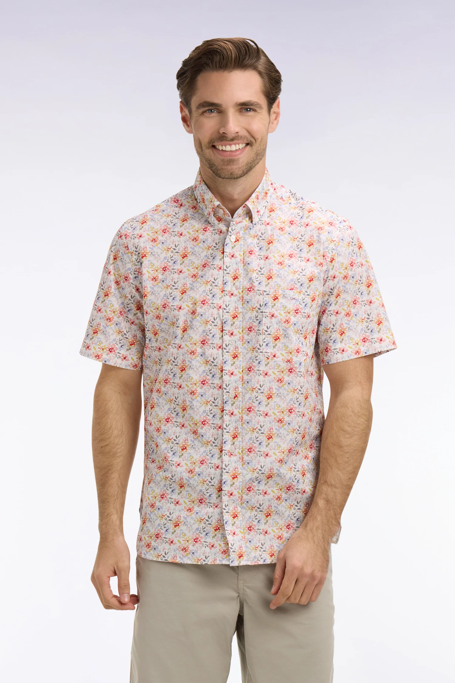 Chemise à manches courtes en popeline et chambray à motif floral orange - Image 3