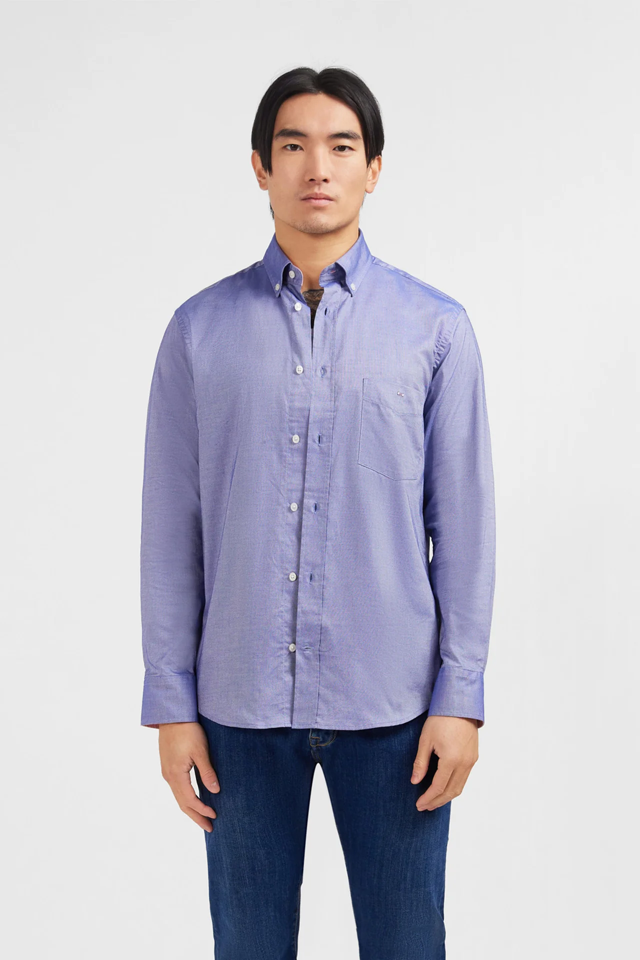 Chemise bleu marine unie en coton - Image 3