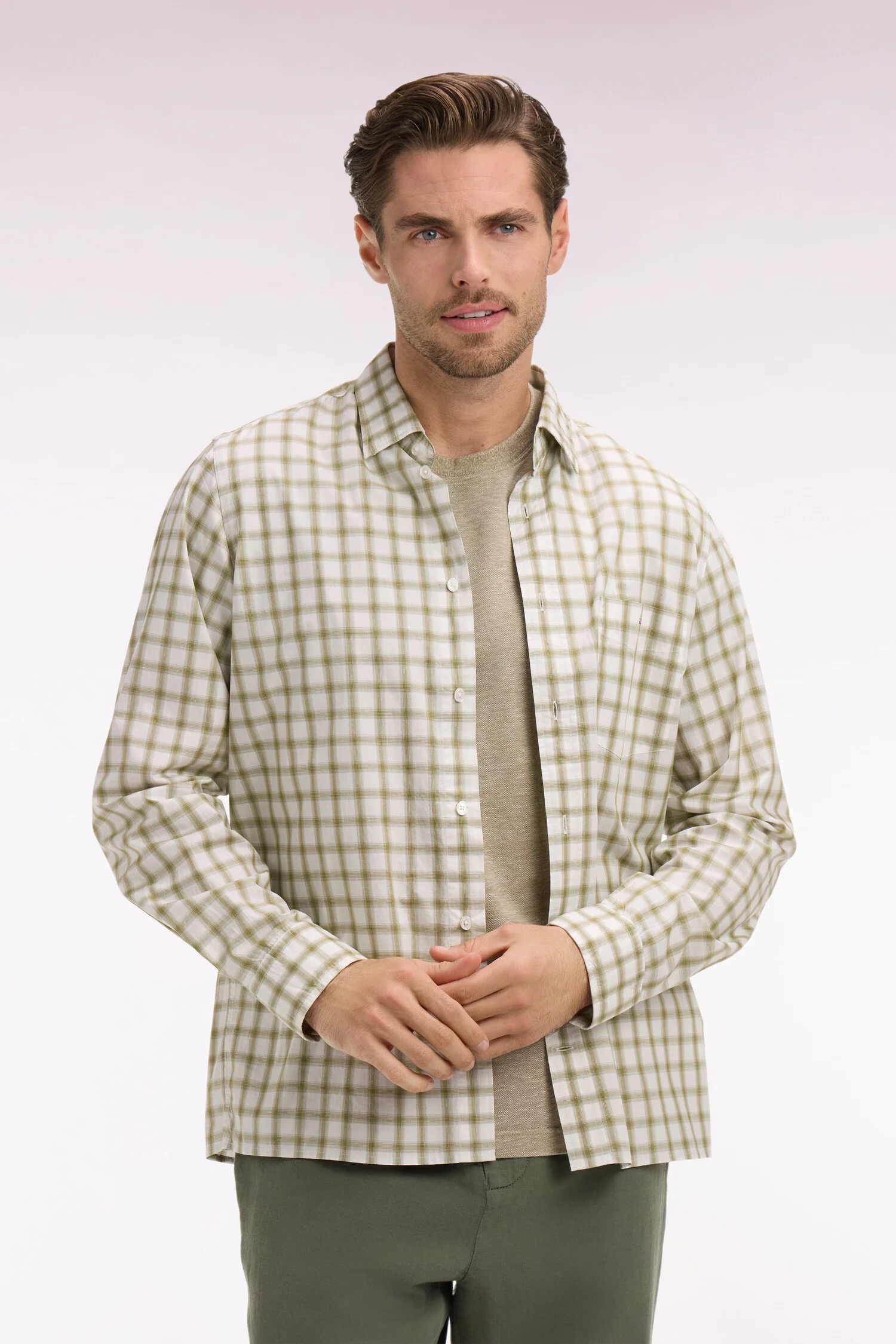 Chemise en coton à carreaux kaki - Image 3