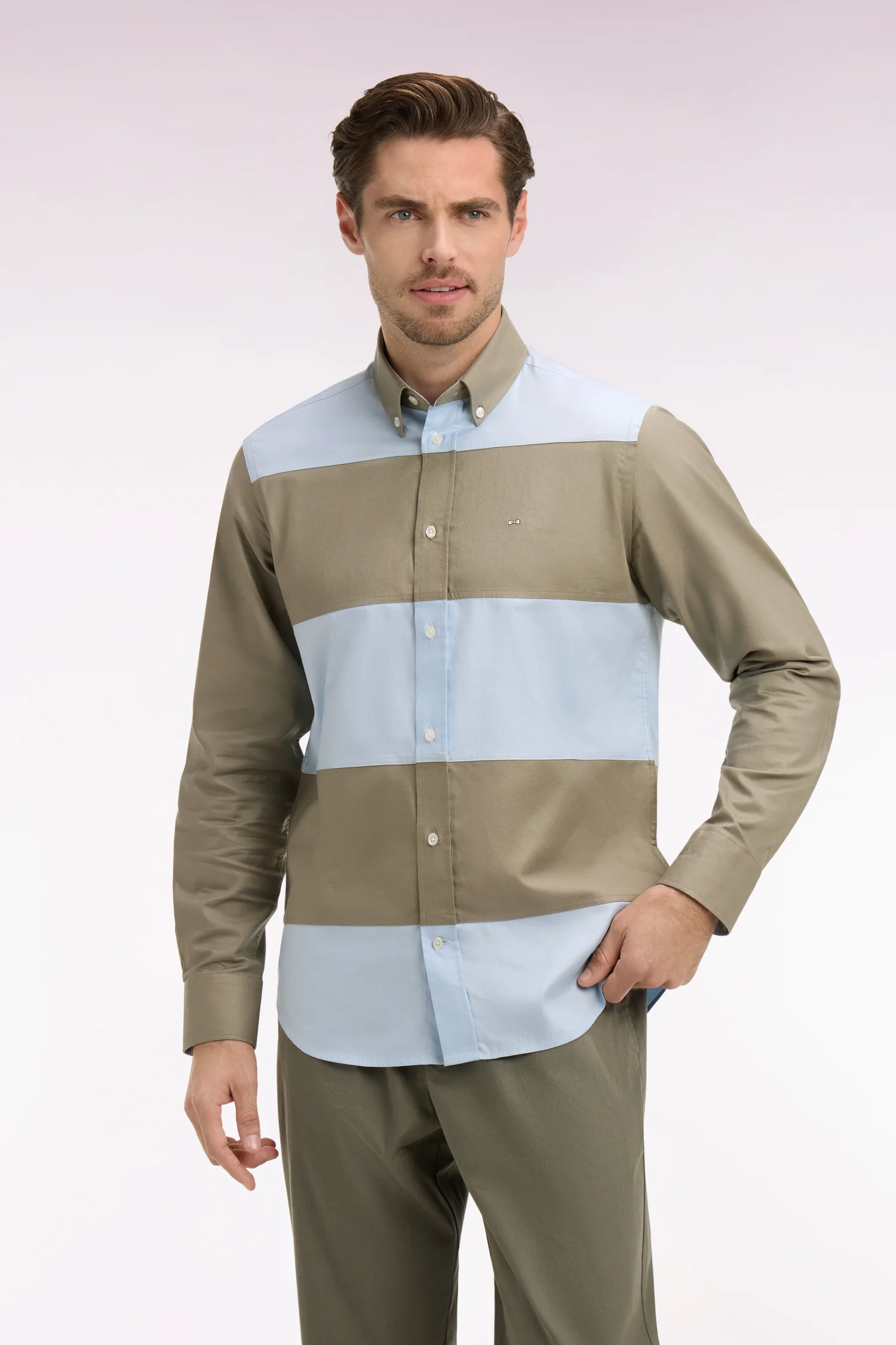 Chemise en coton à rayures rugby beige et ciel coupe regular - Image 3