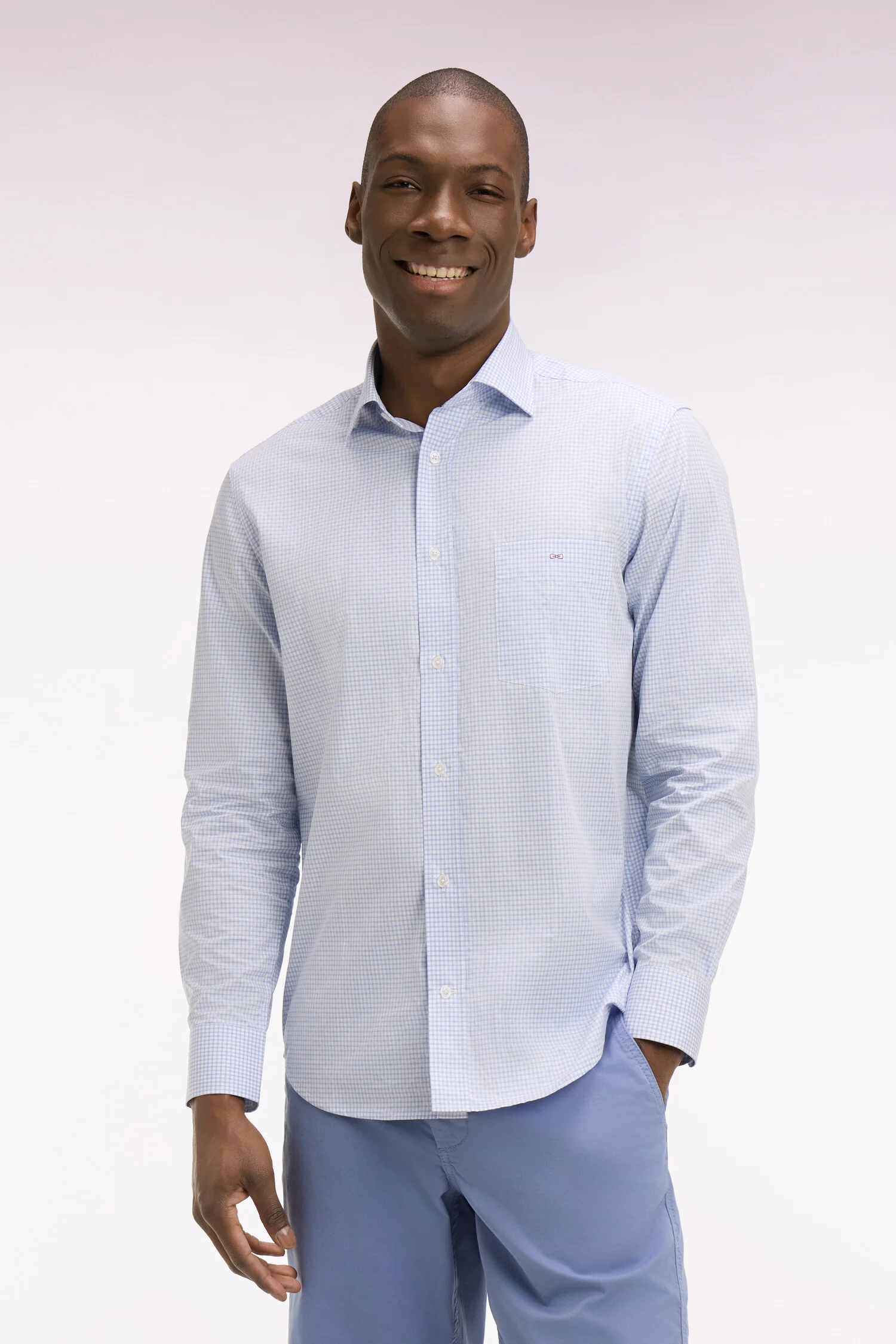 Chemise en coton dobby à carreaux ciel coupe regular - Image 3