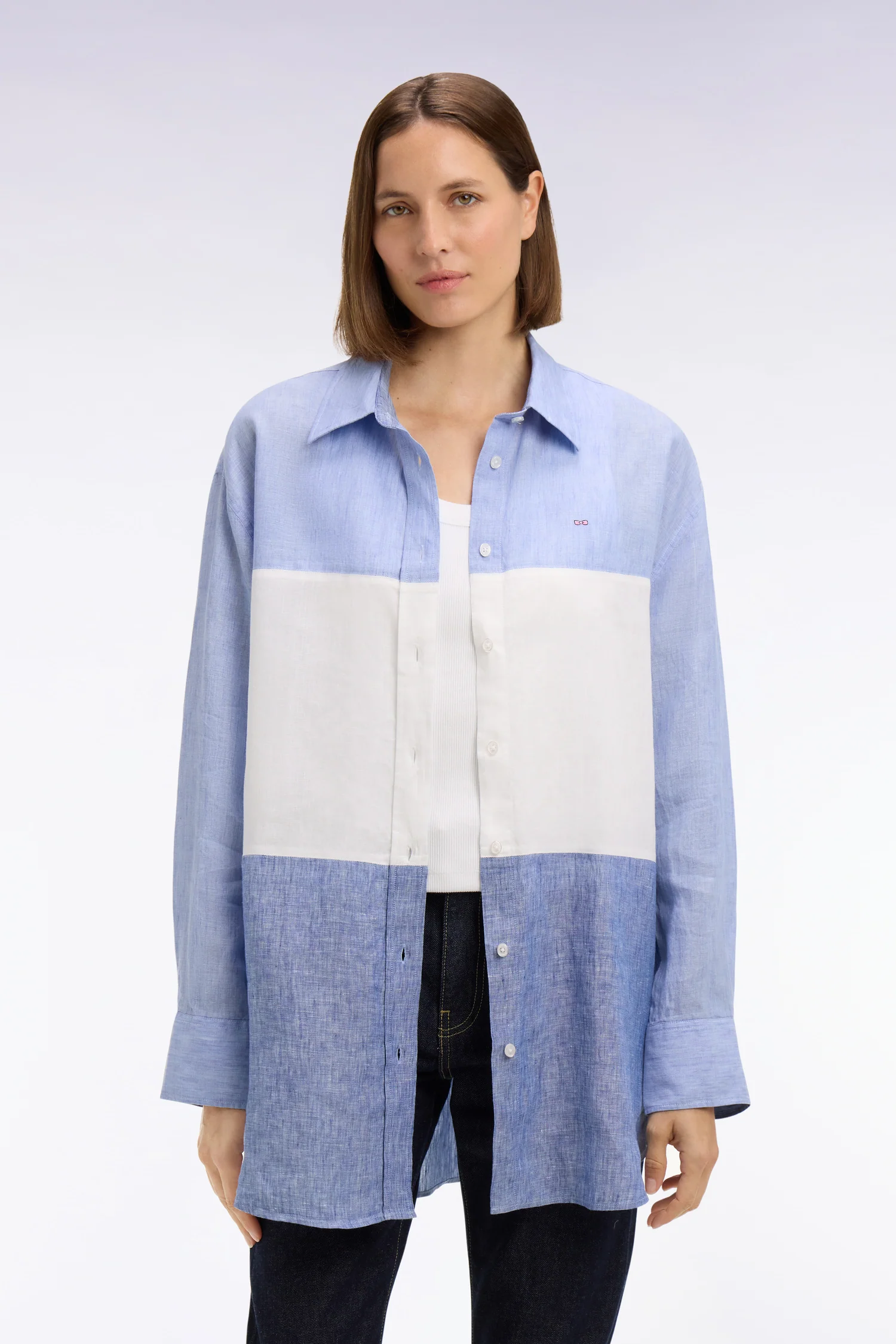 Chemise en lin colorblock bleu coupe oversized - Image 4