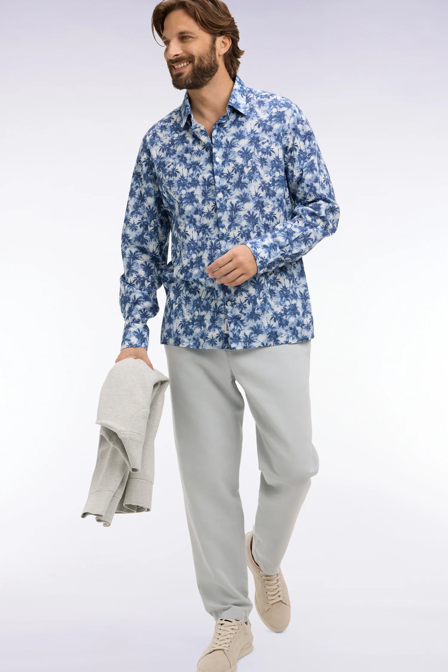 Chemise en popeline de coton imprimé palmiers bleu coupe regular
