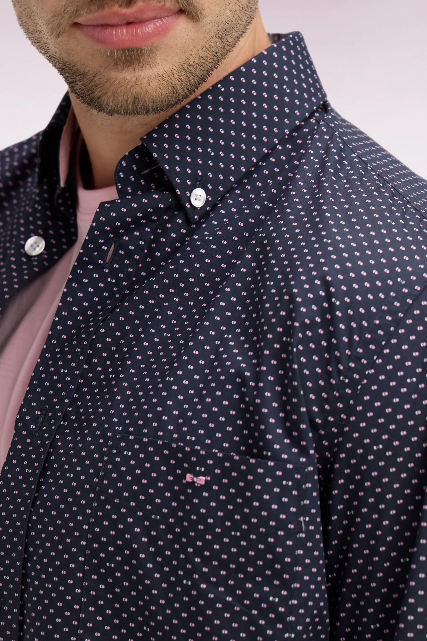 Chemise en popeline de coton rose à micromotifs coupe regular - Image 4