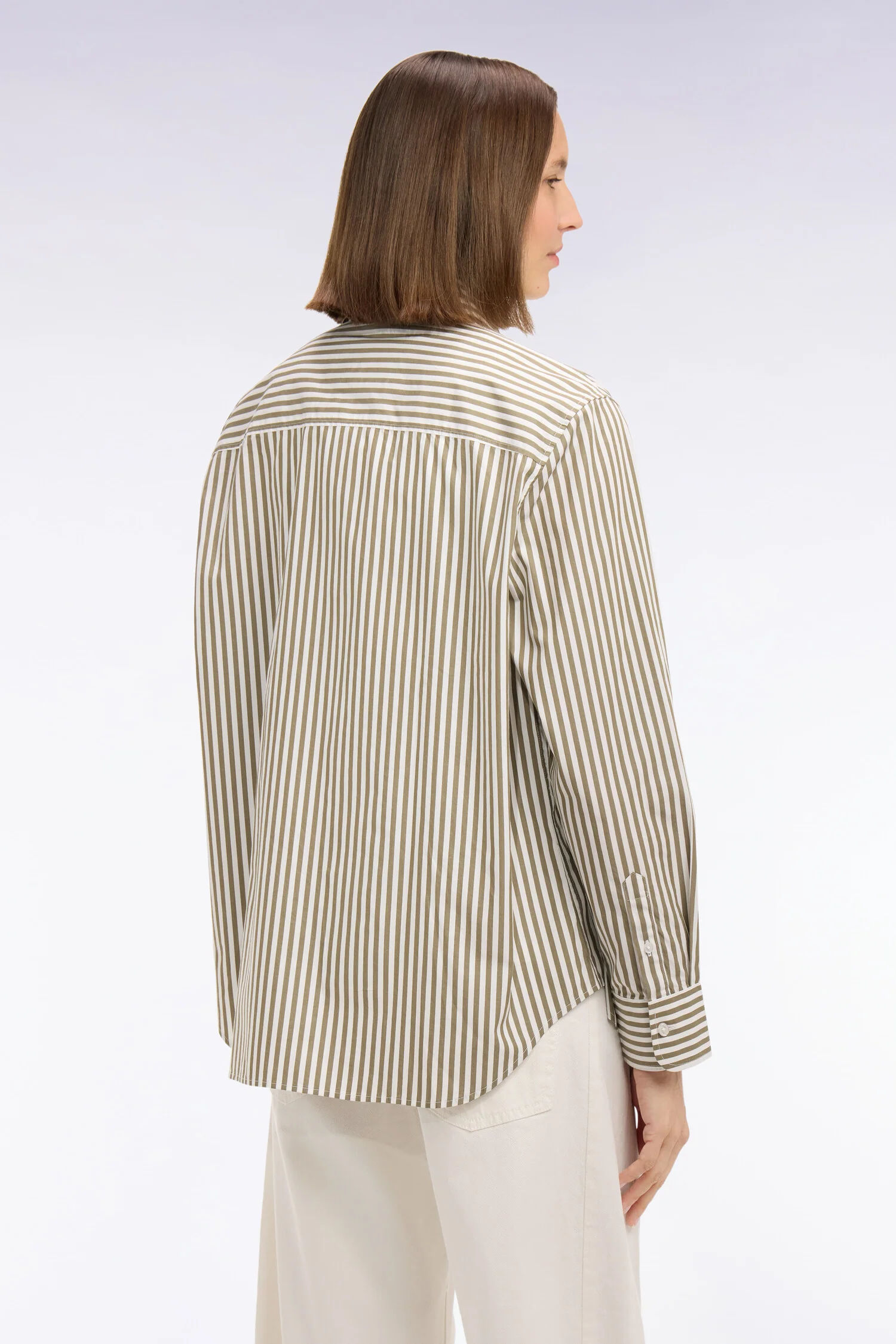 Chemise rayée en popeline de coton beige coupe slim - Image 5