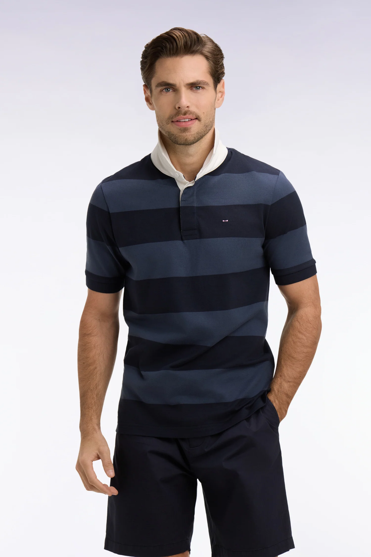 Maillot à manches courtes en coton rayé marine et gris coupe regular - Image 3