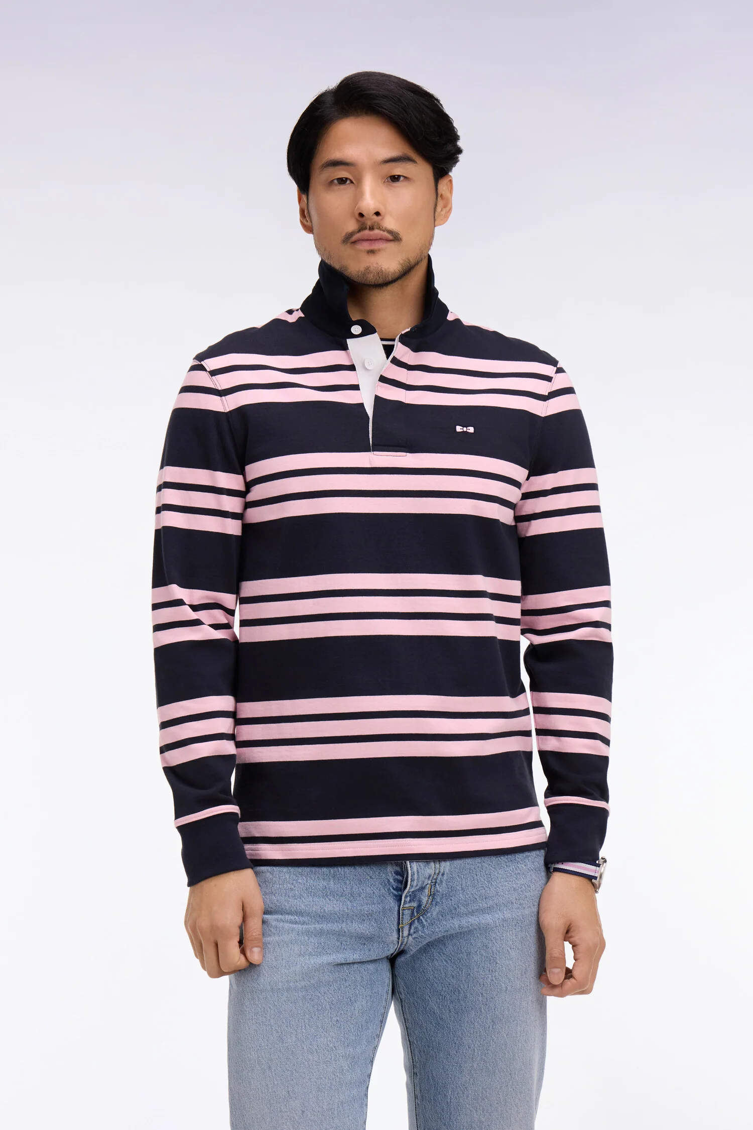 Maillot à manches longues en coton rayé marine et rose - Image 3