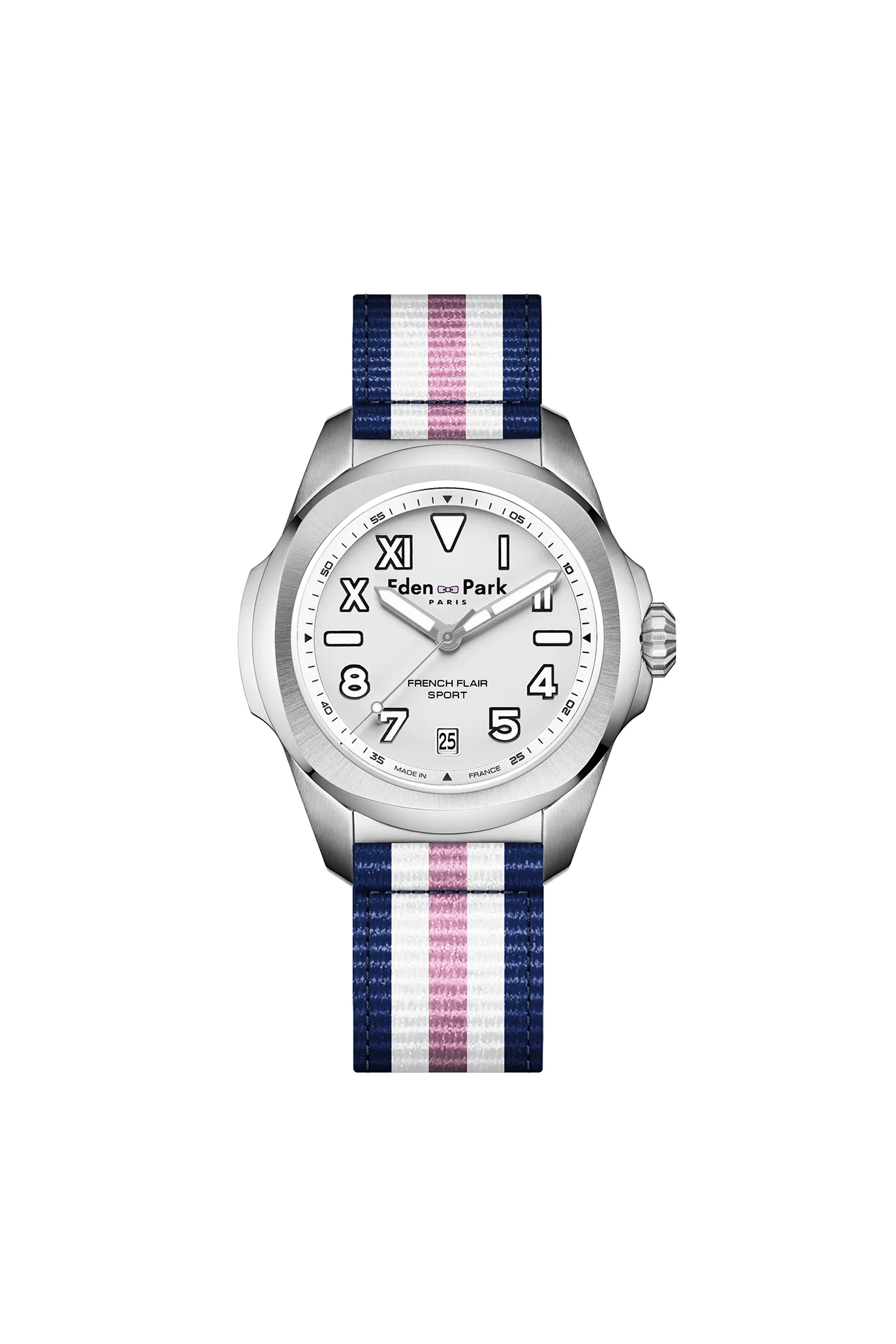 Montre à quartz fond blanc bracelet NATO rayé