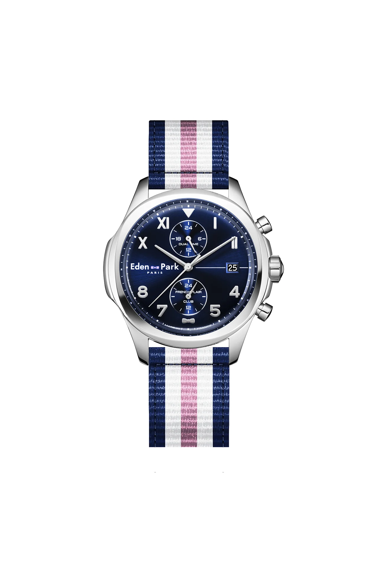 Montre à quartz dual time fond bleu bracelet NATO tricolore