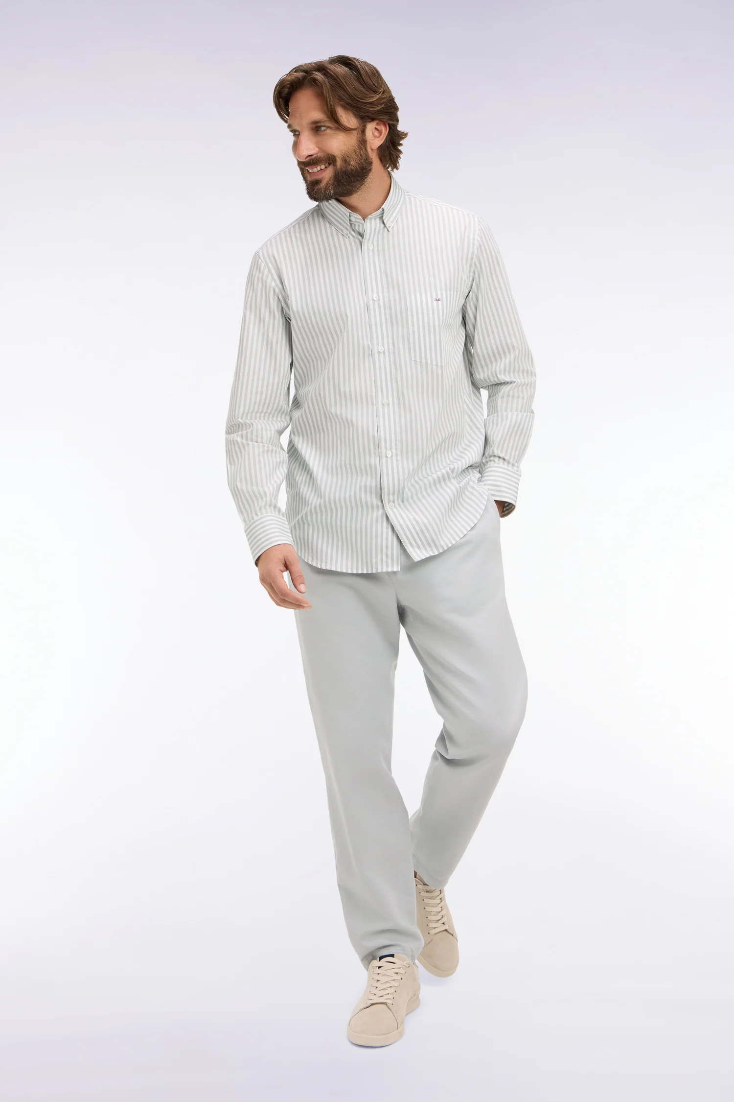 Pantalon en coton lin et lyocell gris clair coupe Modern