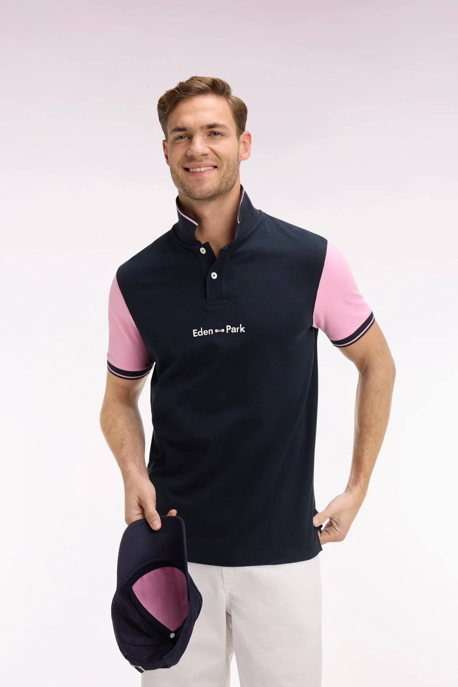 Polo à manches courtes en coton marine broderie Eden Park coupe regular
