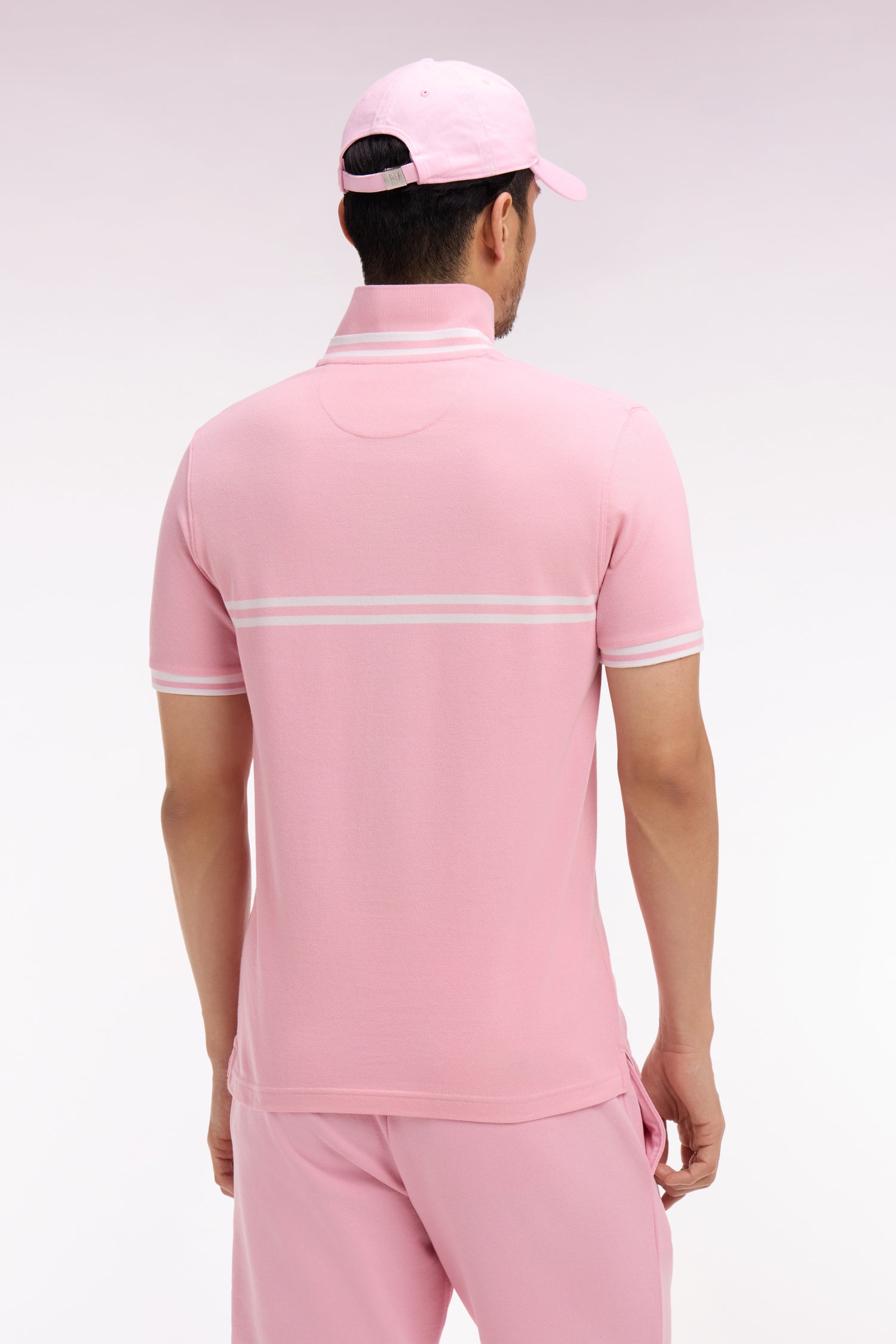 Polo à manches courtes en coton rose à rayures blanches coupe regular - Image 5