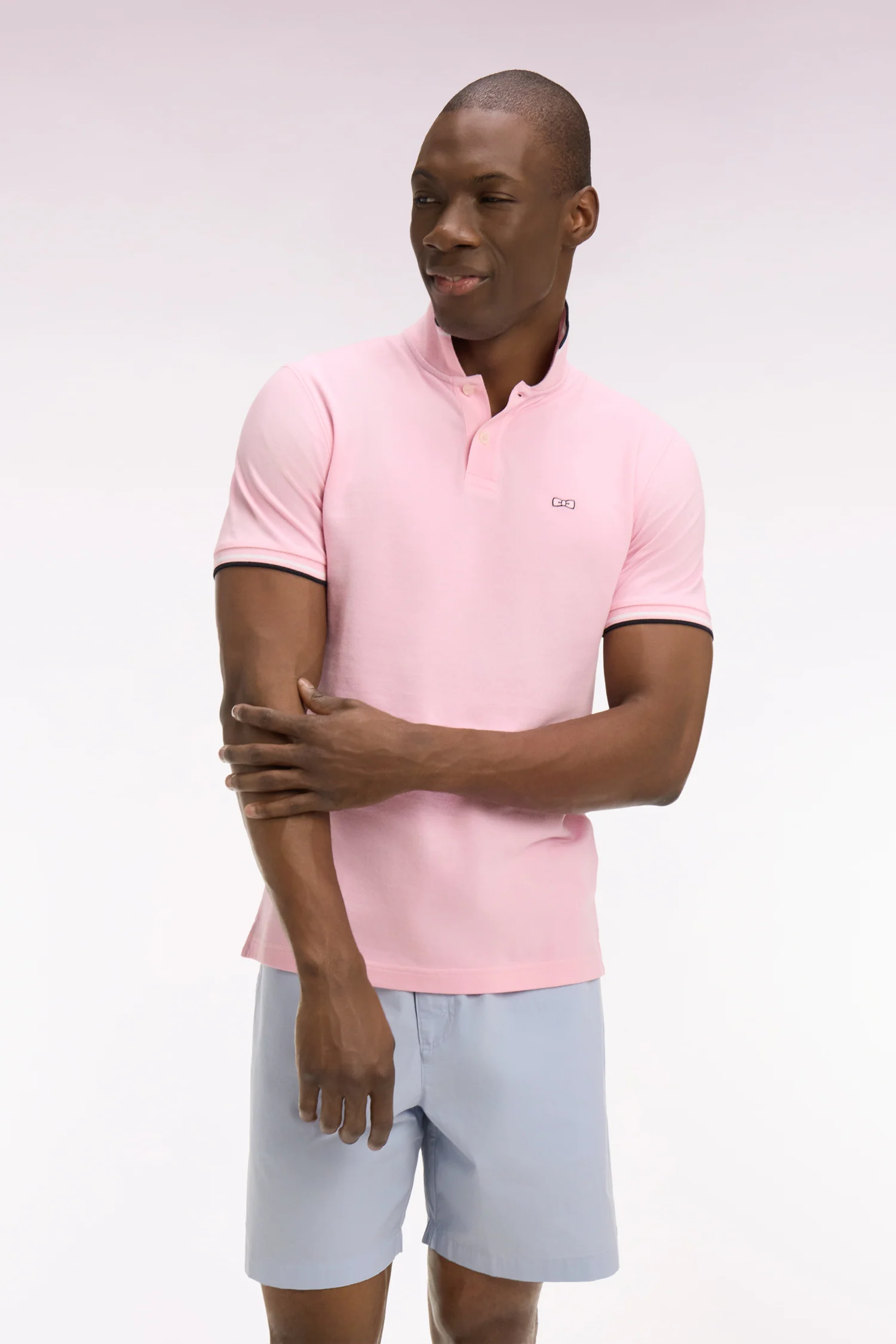 Polo à manches courtes en coton rose détails rayés coupe regular - Image 3