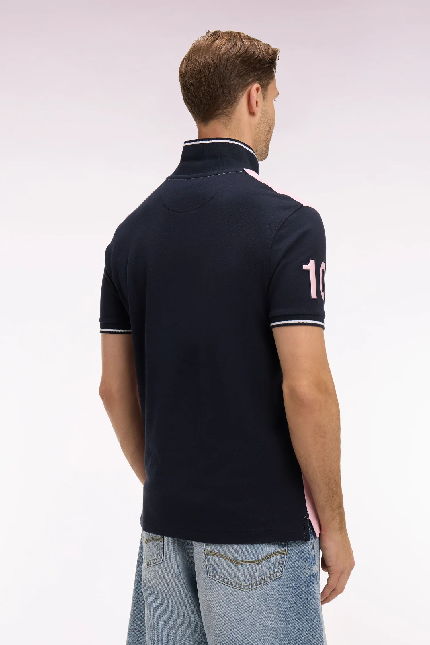 Polo à manches courtes en coton rose et marine coupe regular - Image 5