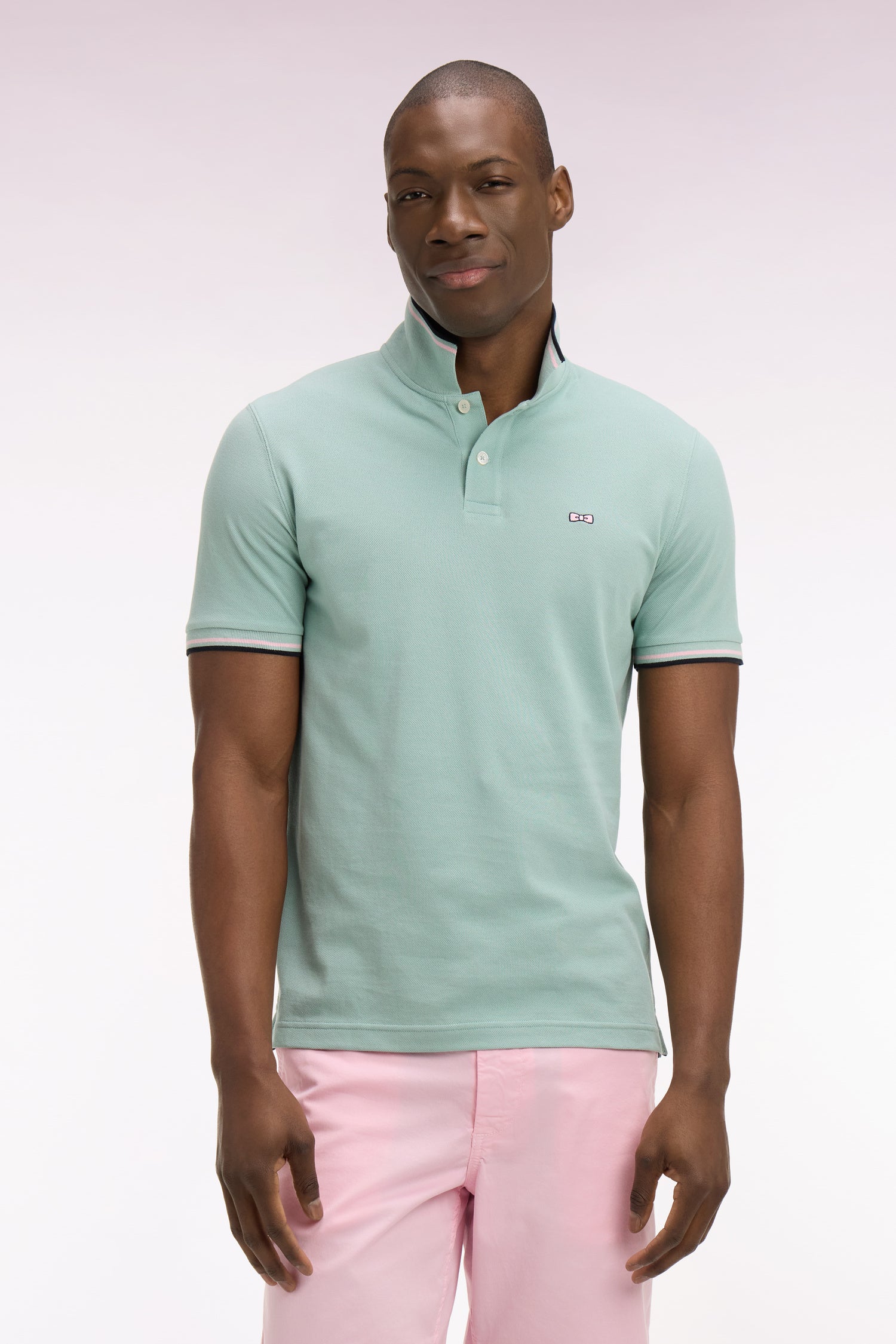 Polo à manches courtes en coton vert d'eau détails rayés coupe regular - Image 3