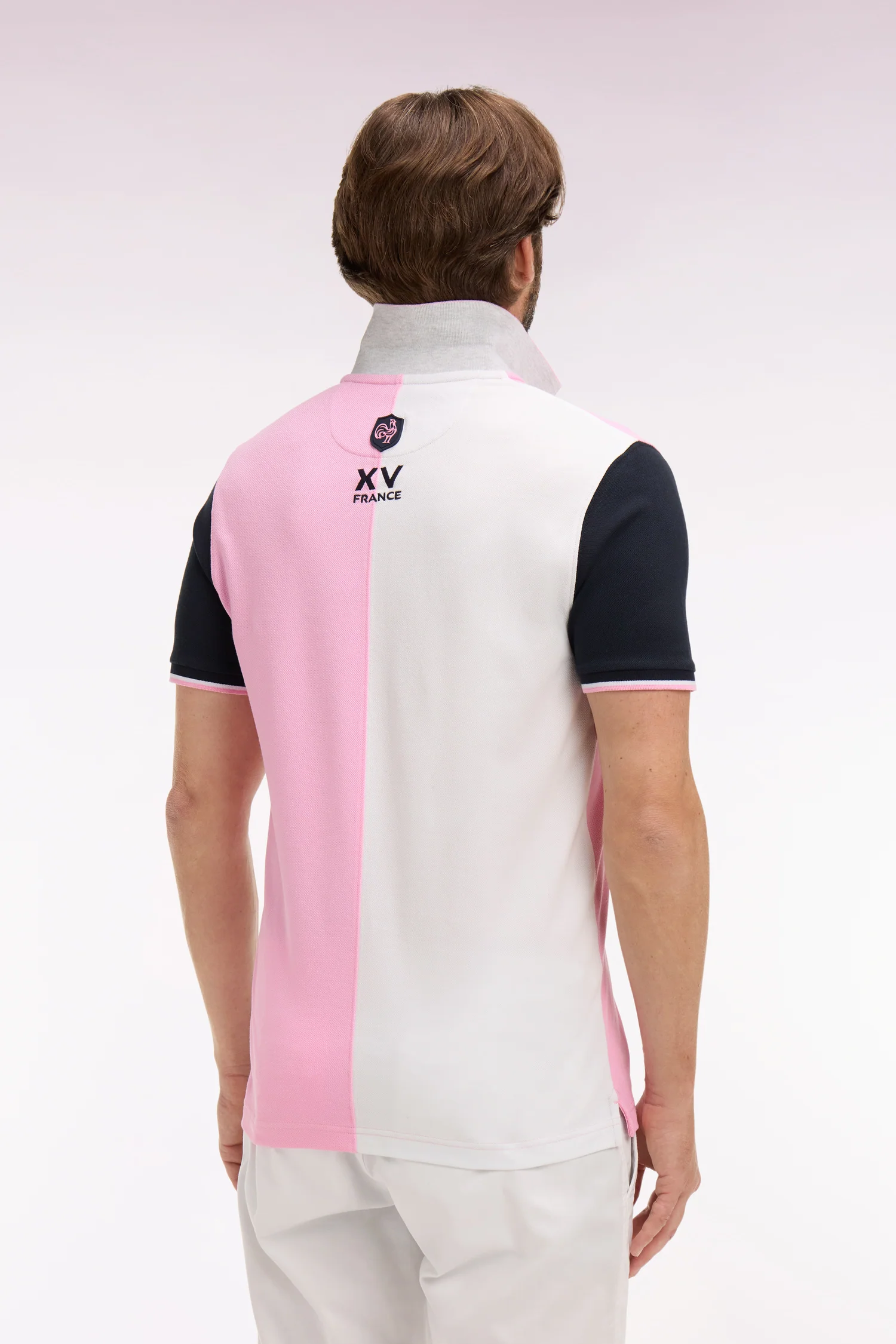 Polo à manches courtes XV de France en coton rose à découpes cadran - Image 5