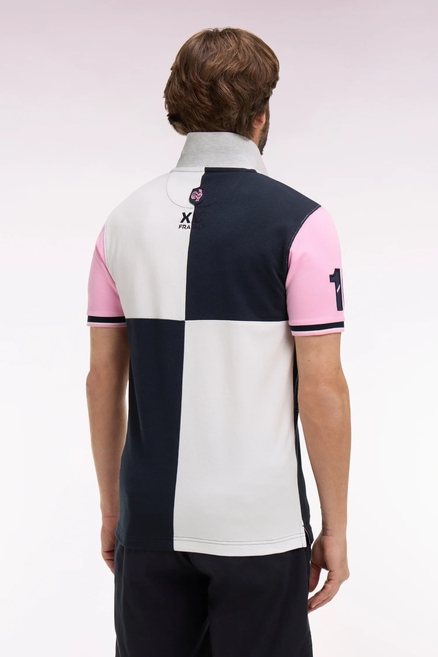 Polo à manches courtes XV de France en coton rose à découpes cadran - Image 5
