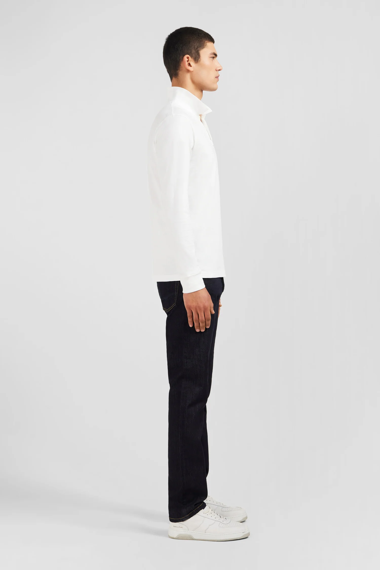 Polo manches longues blanc uni en piqué de coton stretch - Image 5