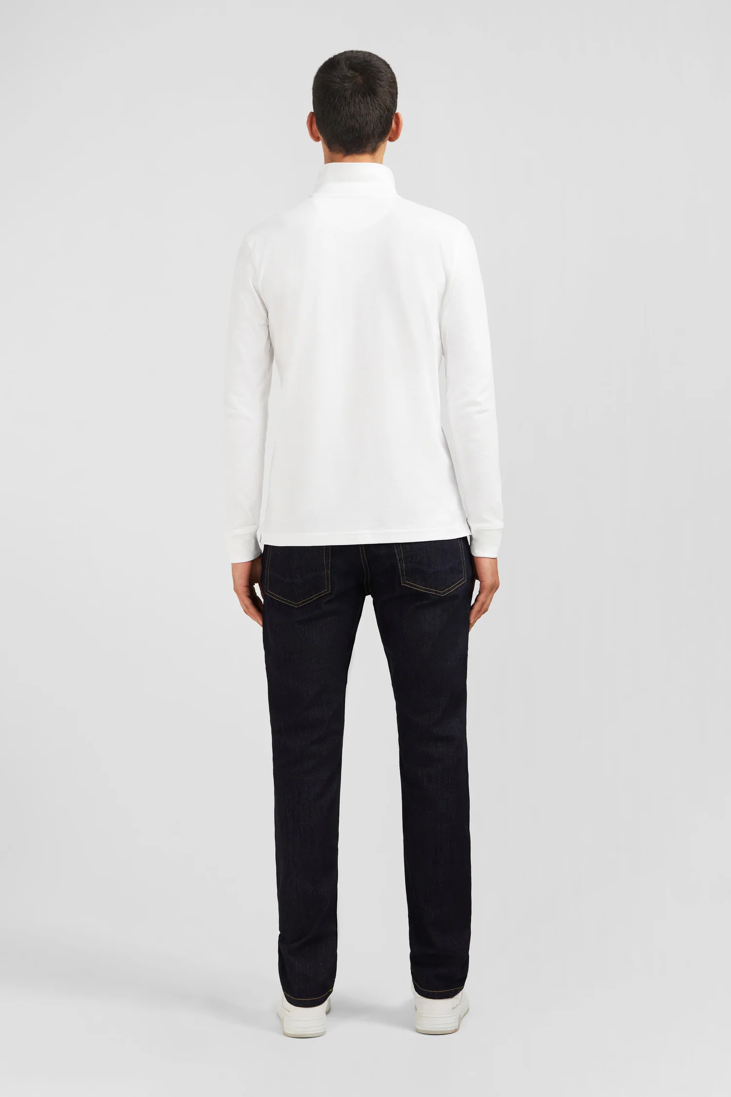 Polo manches longues blanc uni en piqué de coton stretch - Image 6