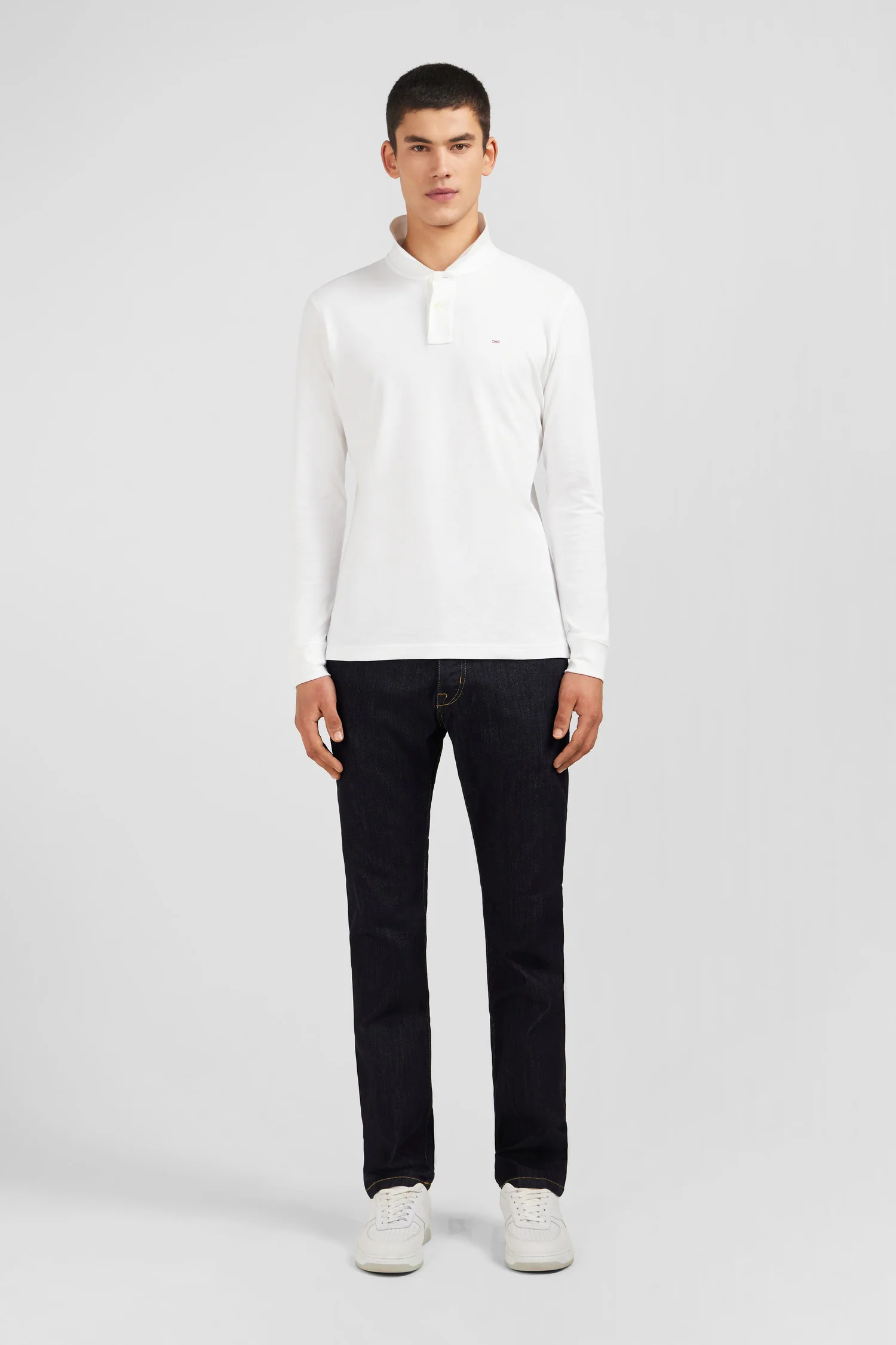Polo manches longues blanc uni en piqué de coton stretch - Image 7