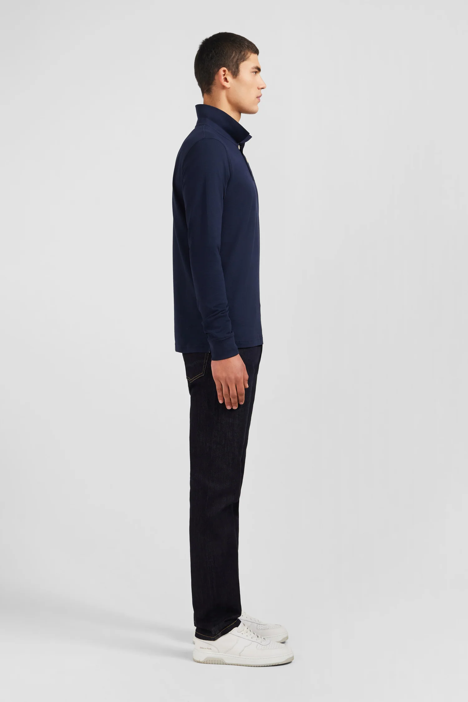 Polo manches longues bleu marine uni en piqué de coton stretch - Image 5