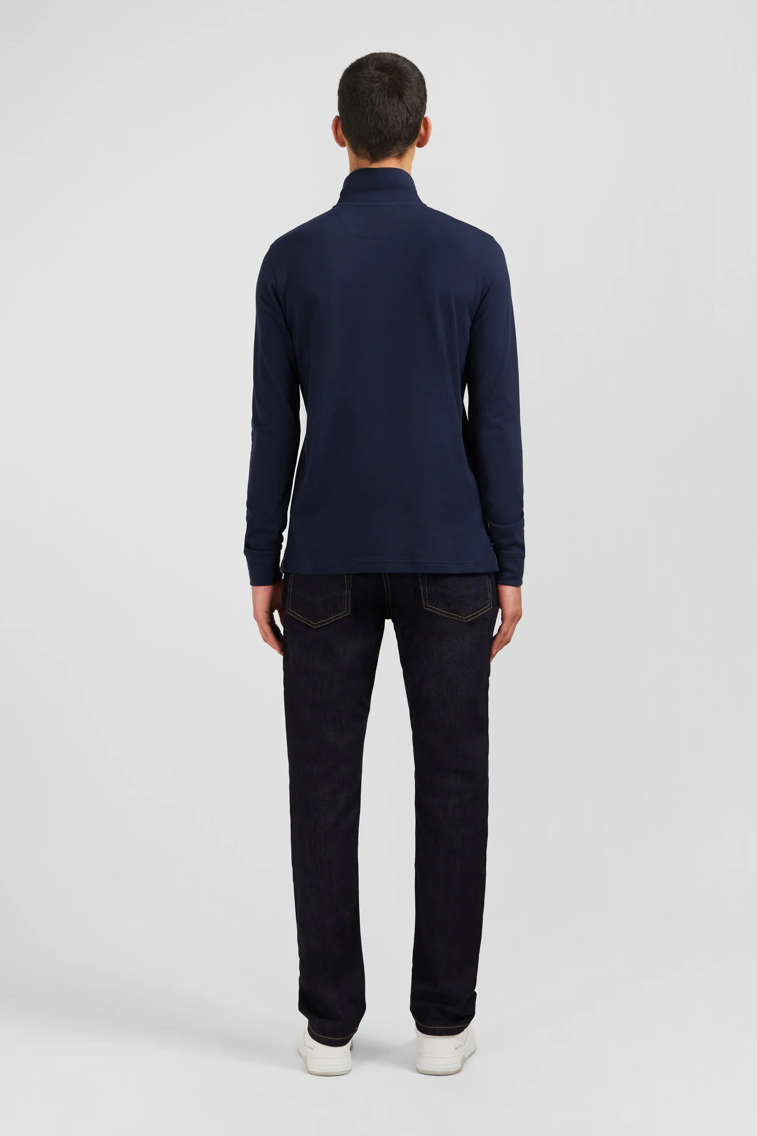 Polo manches longues bleu marine uni en piqué de coton stretch - Image 6
