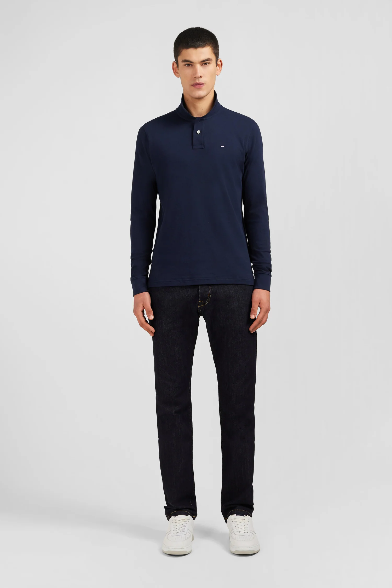 Polo manches longues bleu marine uni en piqué de coton stretch - Image 7